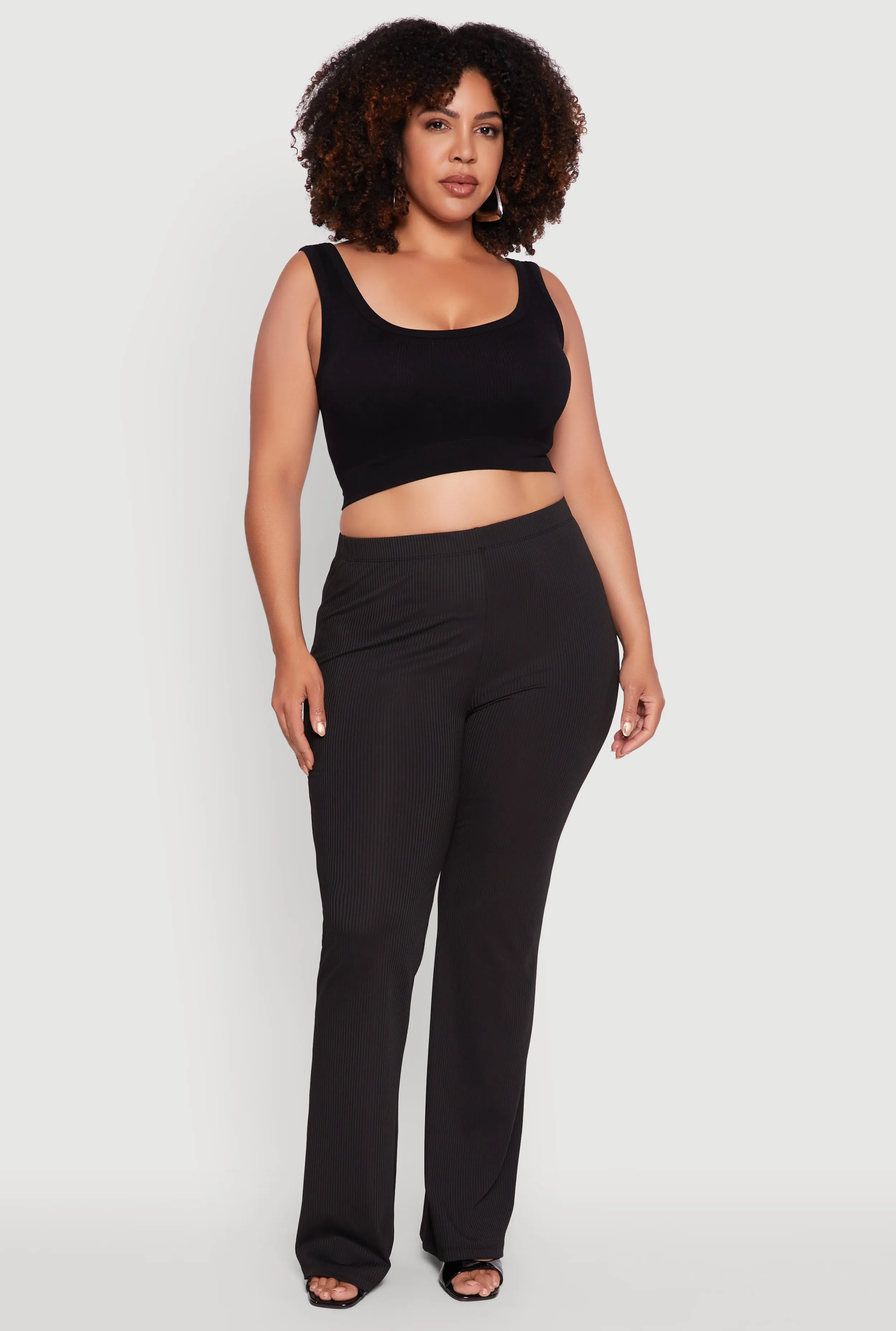 Plus Size Rib Knit High Waisted Pull On Flare Pants sold by Rainbow