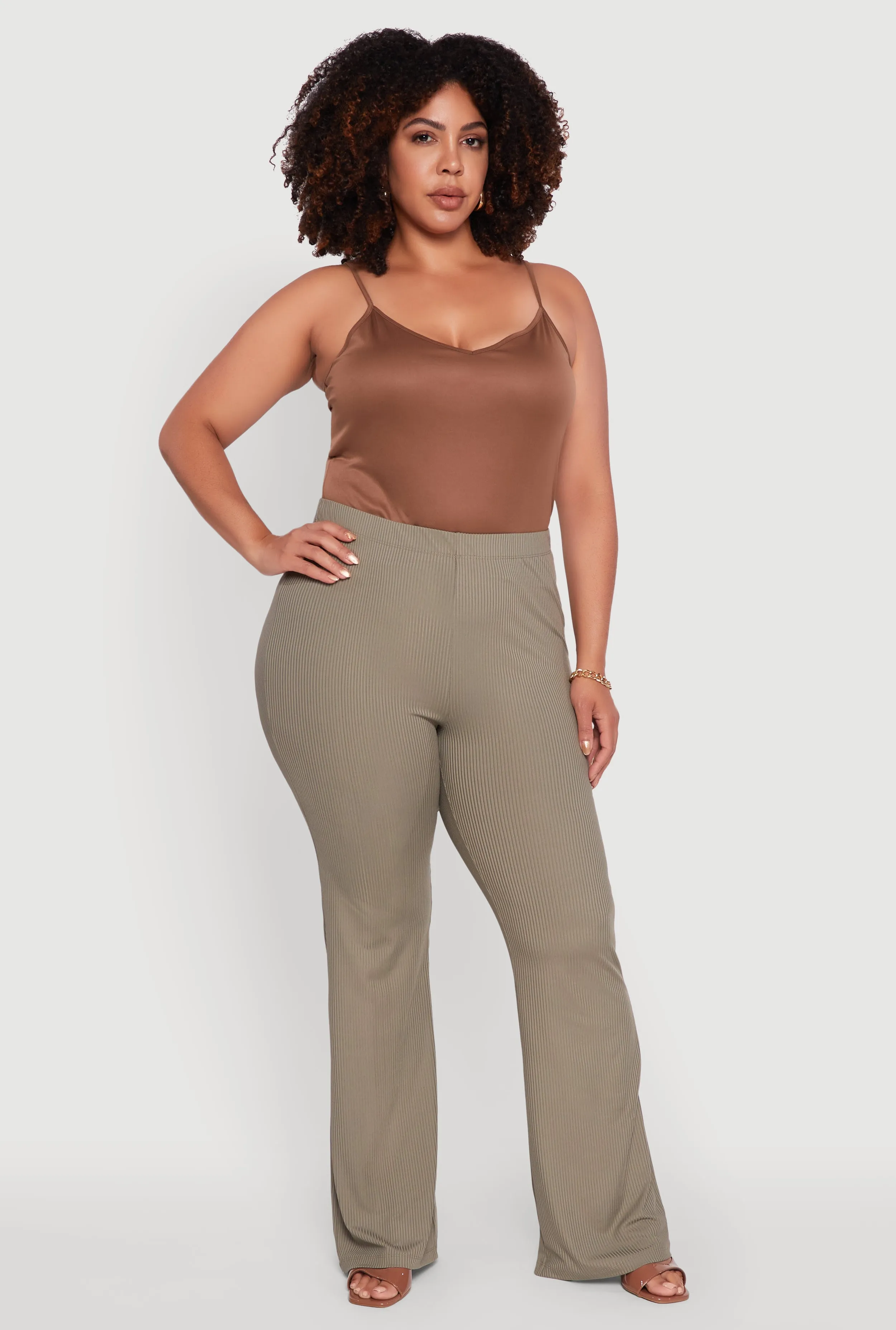 Plus Size Rib Knit High Waisted Pull On Flare Pants sold by Rainbow