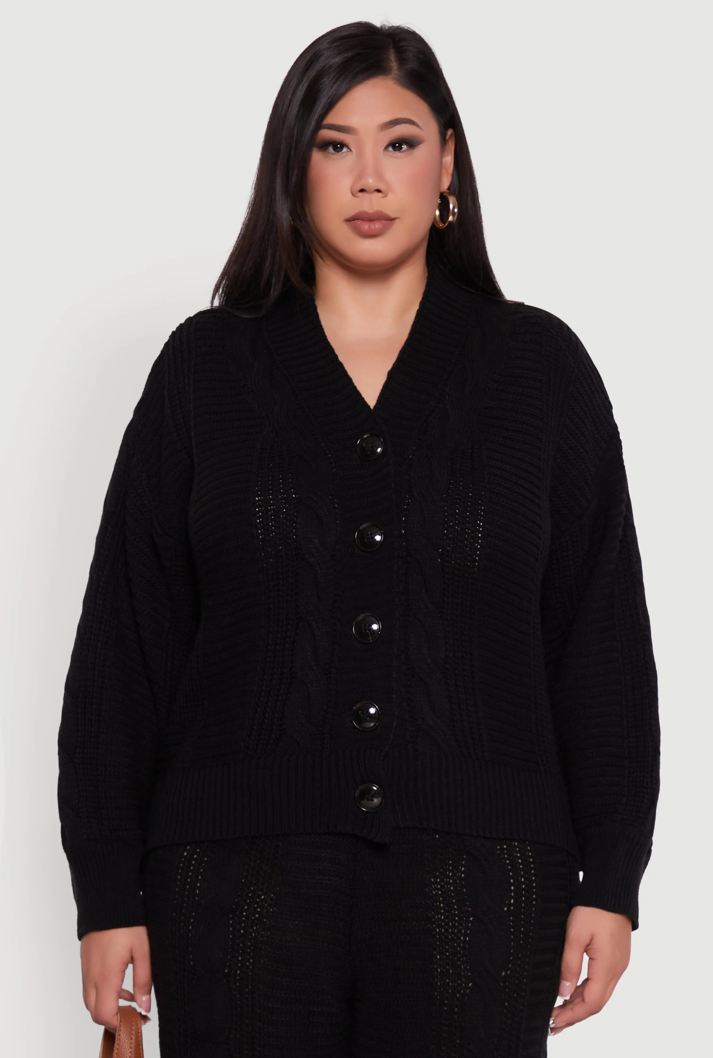Plus Size Cable Knit Long Sleeve Button Front Cardigan sold by Rainbow