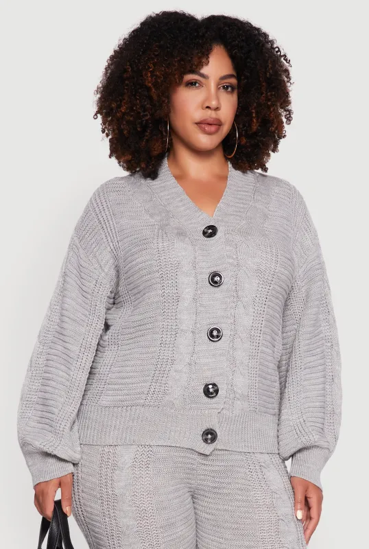 Plus Size Cable Knit Long Sleeve Button Front Cardigan sold by Rainbow