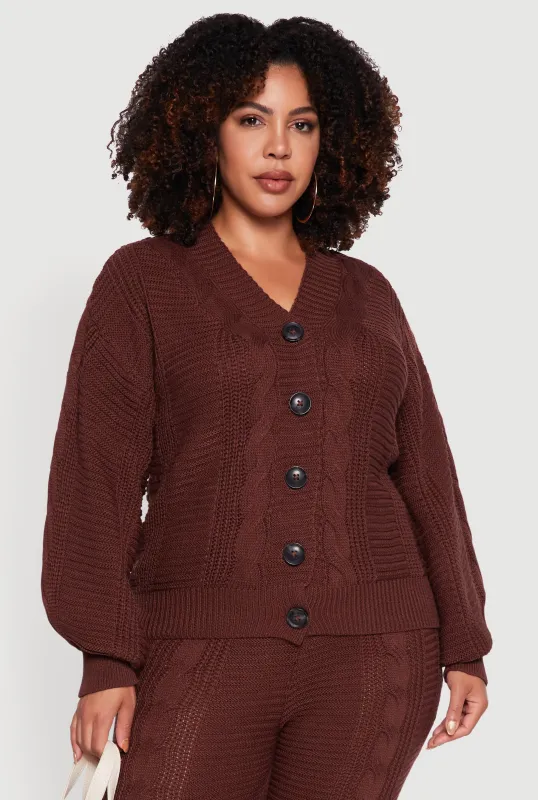 Plus Size Cable Knit Long Sleeve Button Front Cardigan sold by Rainbow