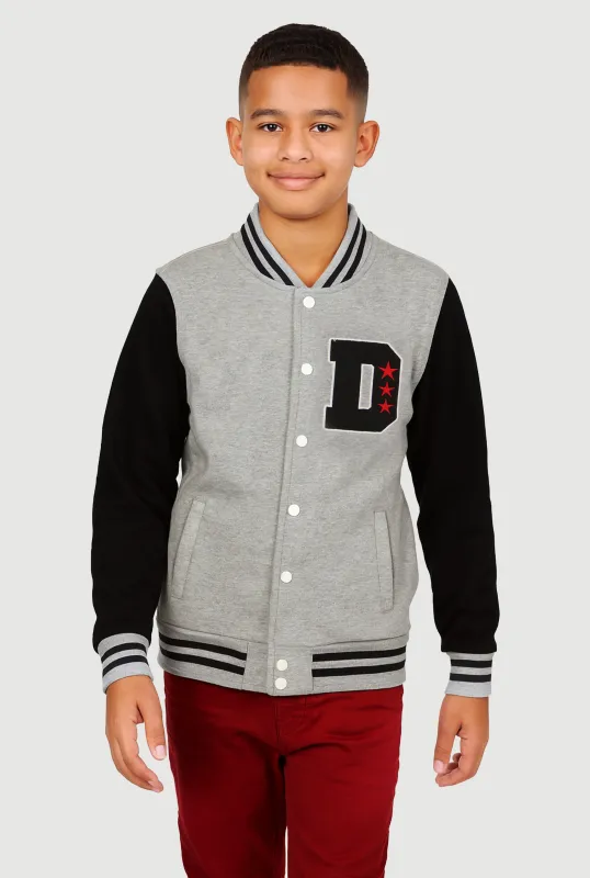 Boys Color Blocked D Patch Graphic Varsity Jacket sold by Rainbow