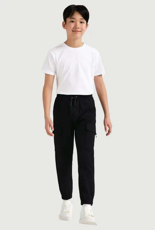 Boys Solid Twill Cargo Joggers with D-Ring Buckles sold by Rainbow