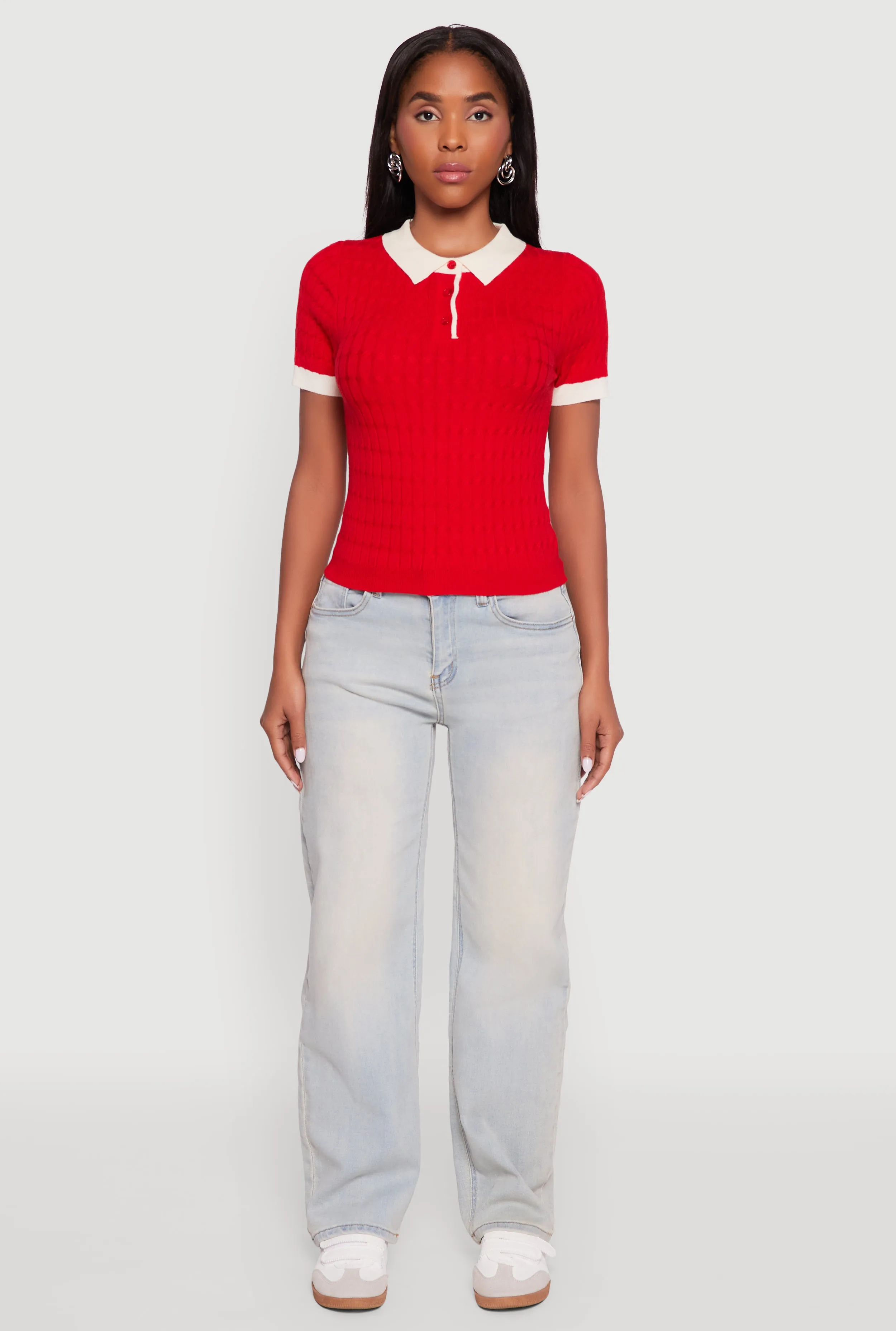 Contrast Trim Cable Knit Sweater Polo sold by Rainbow product image thumbnail 3