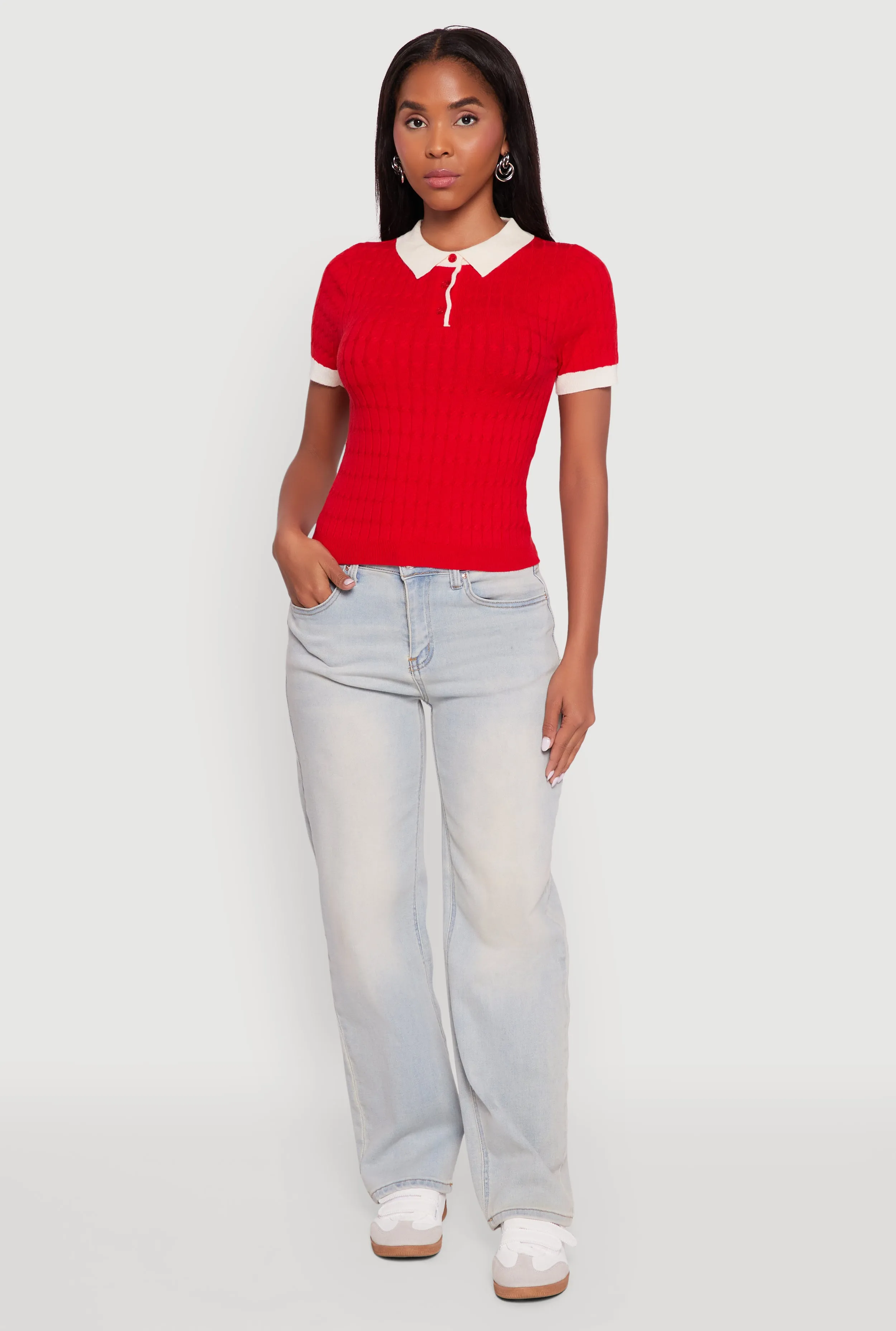 Contrast Trim Cable Knit Sweater Polo sold by Rainbow