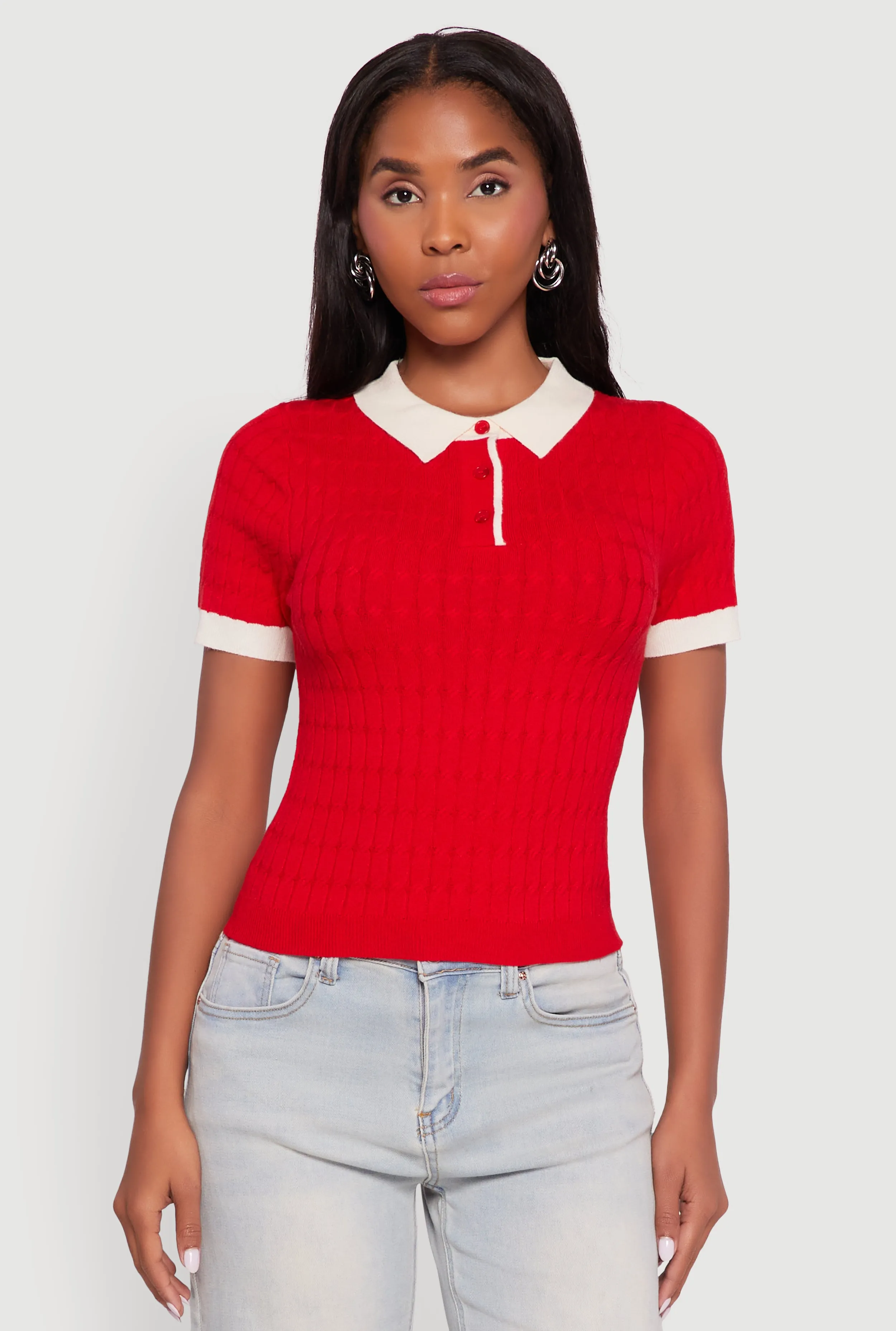 Contrast Trim Cable Knit Sweater Polo sold by Rainbow product image thumbnail 2