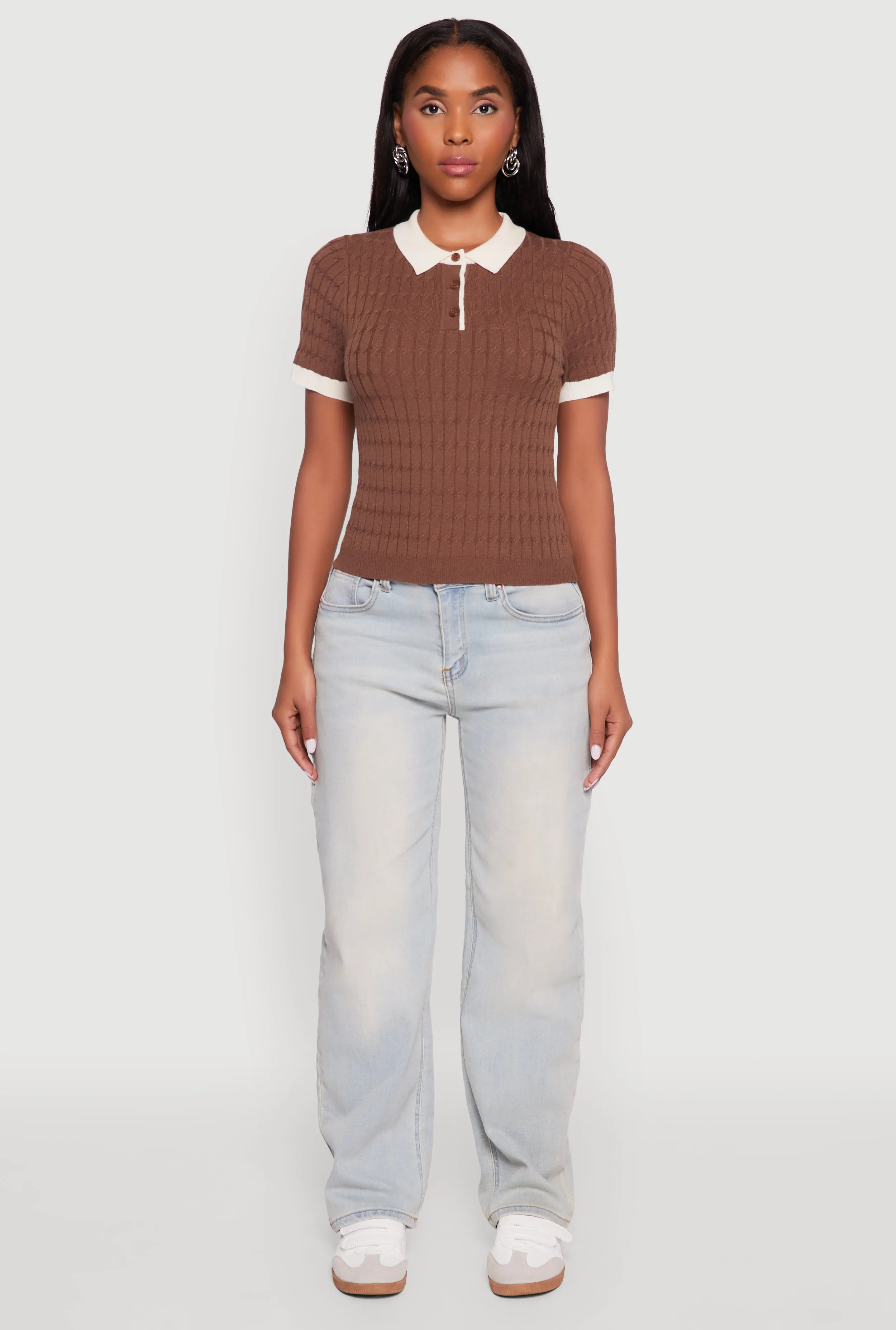 Contrast Trim Cable Knit Sweater Polo sold by Rainbow product image thumbnail 3