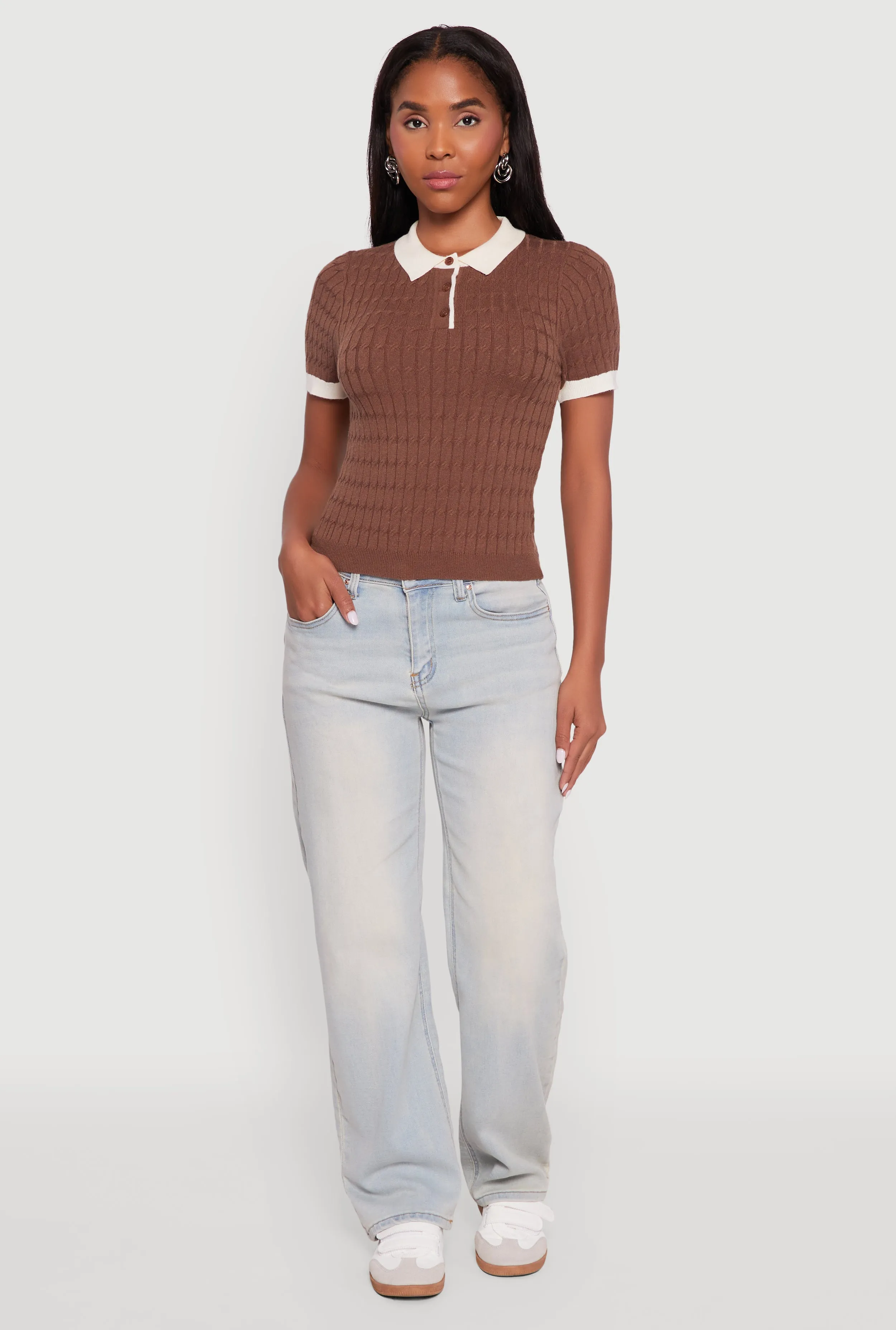 Contrast Trim Cable Knit Sweater Polo sold by Rainbow