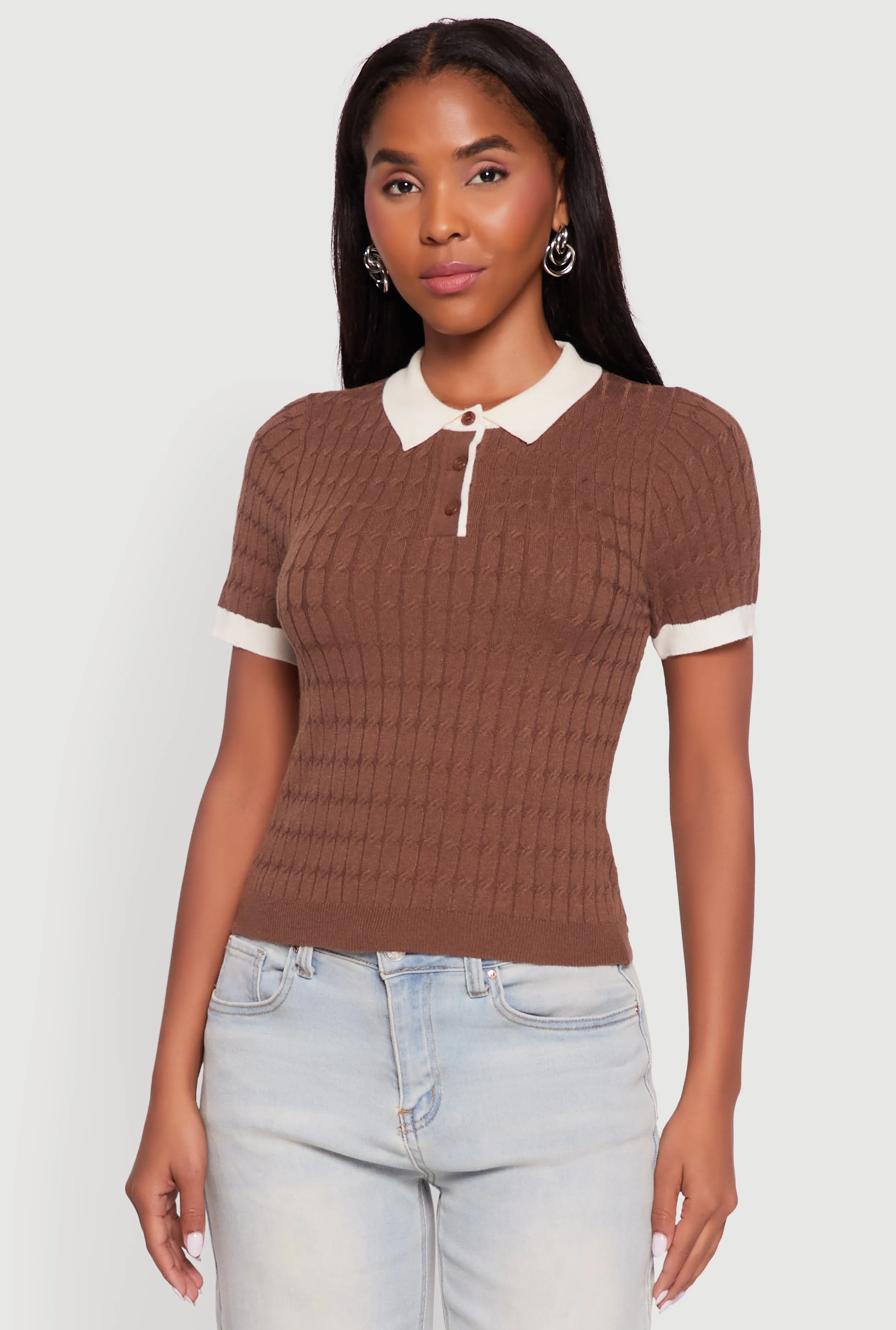 Contrast Trim Cable Knit Sweater Polo sold by Rainbow product image thumbnail 2