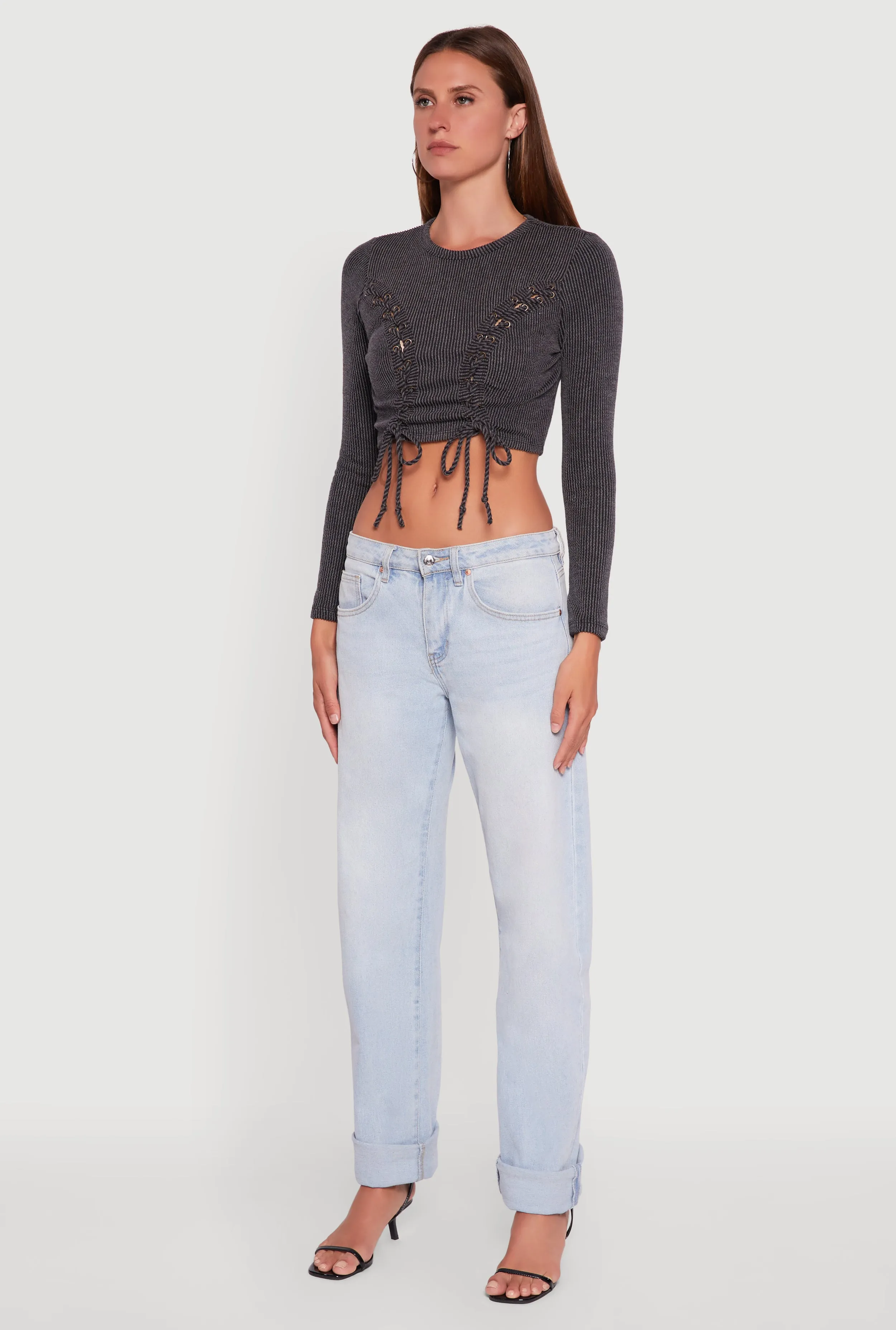 Rib Knit Shadow Stripe Lace Up Crop Top sold by Rainbow product image thumbnail 5