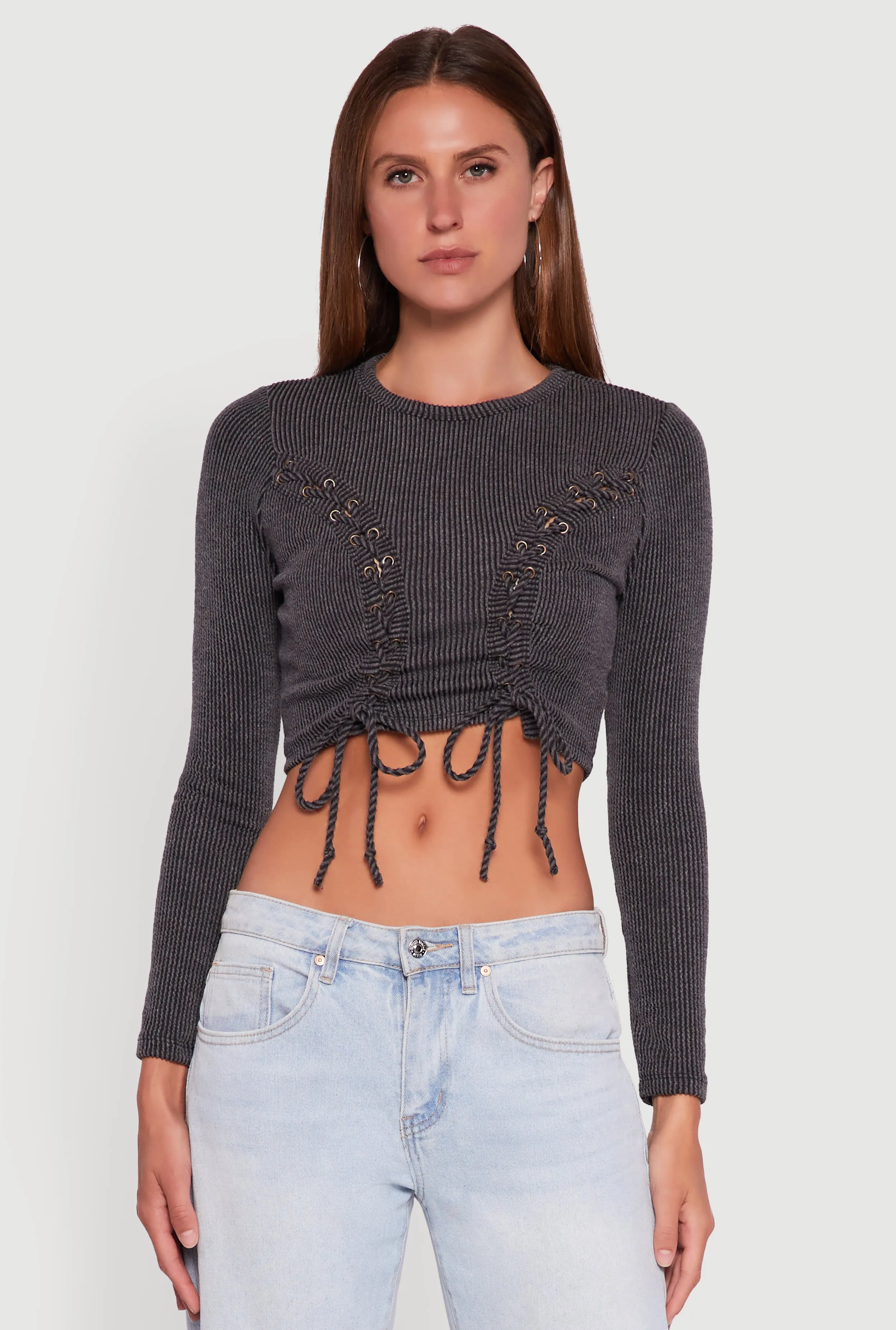 Rib Knit Shadow Stripe Lace Up Crop Top sold by Rainbow product image thumbnail 2