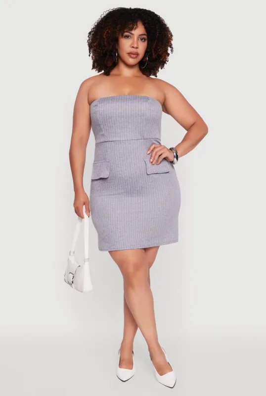 Plus Size Pinstripe Pocket Detail Strapless Mini Dress sold by Rainbow