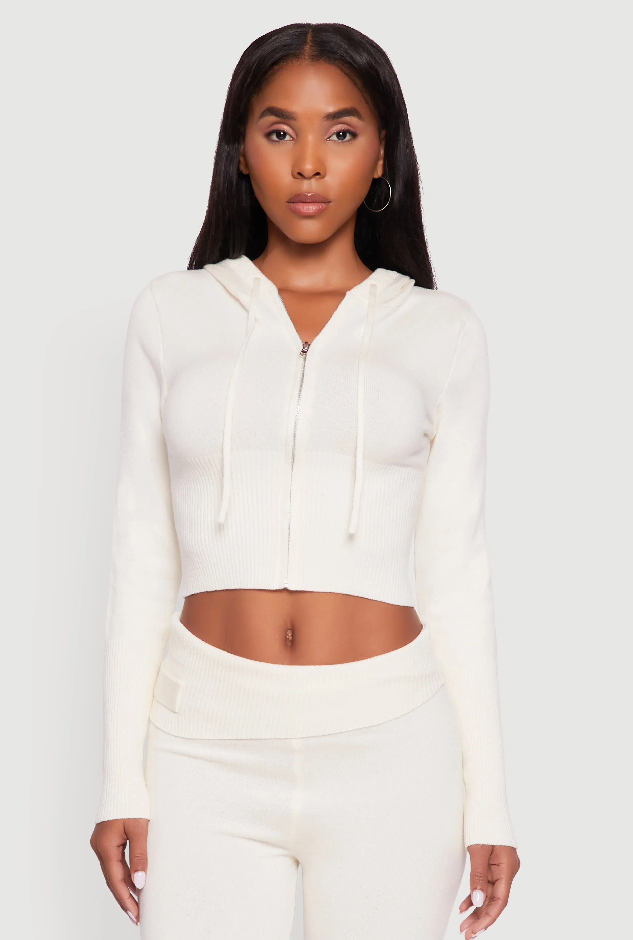 Cropped Zip Front Drawstring Hoodie sold by Rainbow
