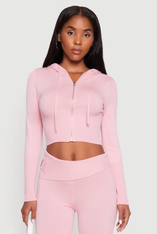 Cropped Zip Front Drawstring Hoodie sold by Rainbow