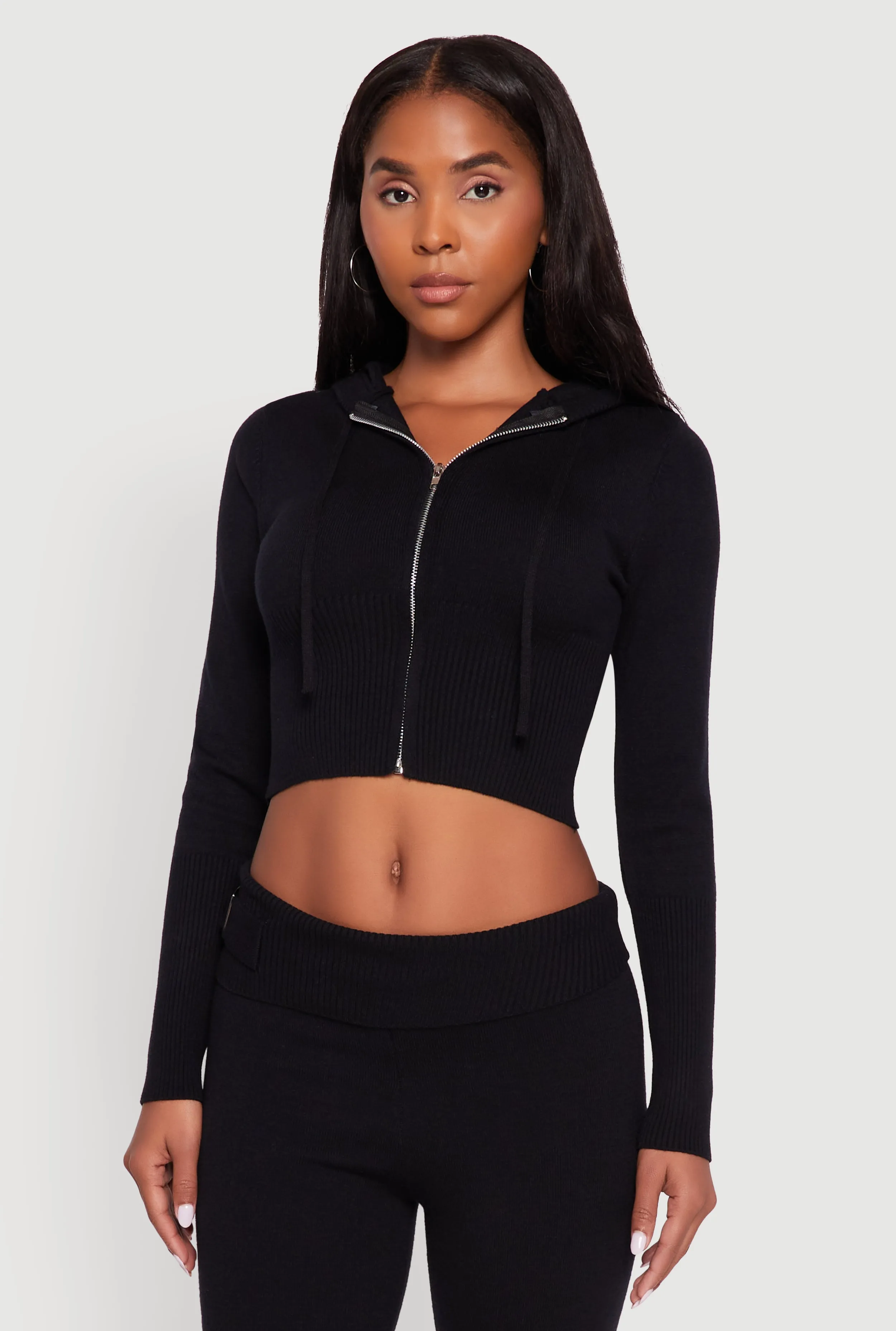 Cropped Zip Front Drawstring Hoodie sold by Rainbow