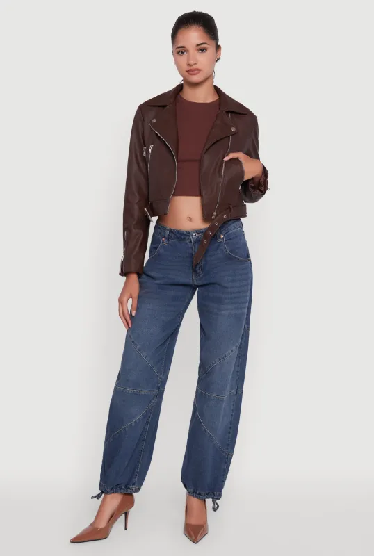 Cropped Faux Leather Belted Front Moto Jacket sold by Rainbow