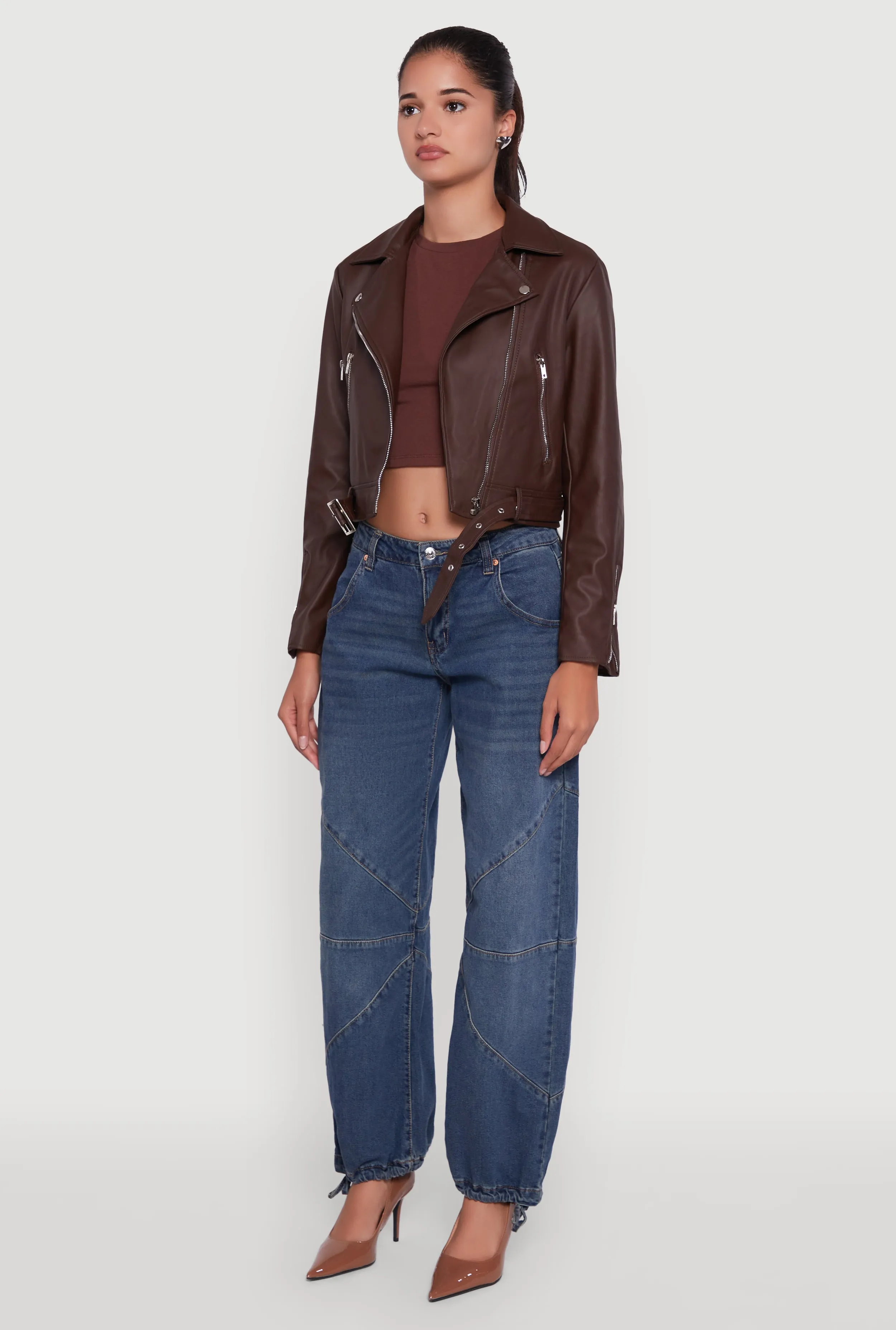 Cropped Faux Leather Belted Front Moto Jacket sold by Rainbow product image thumbnail 5