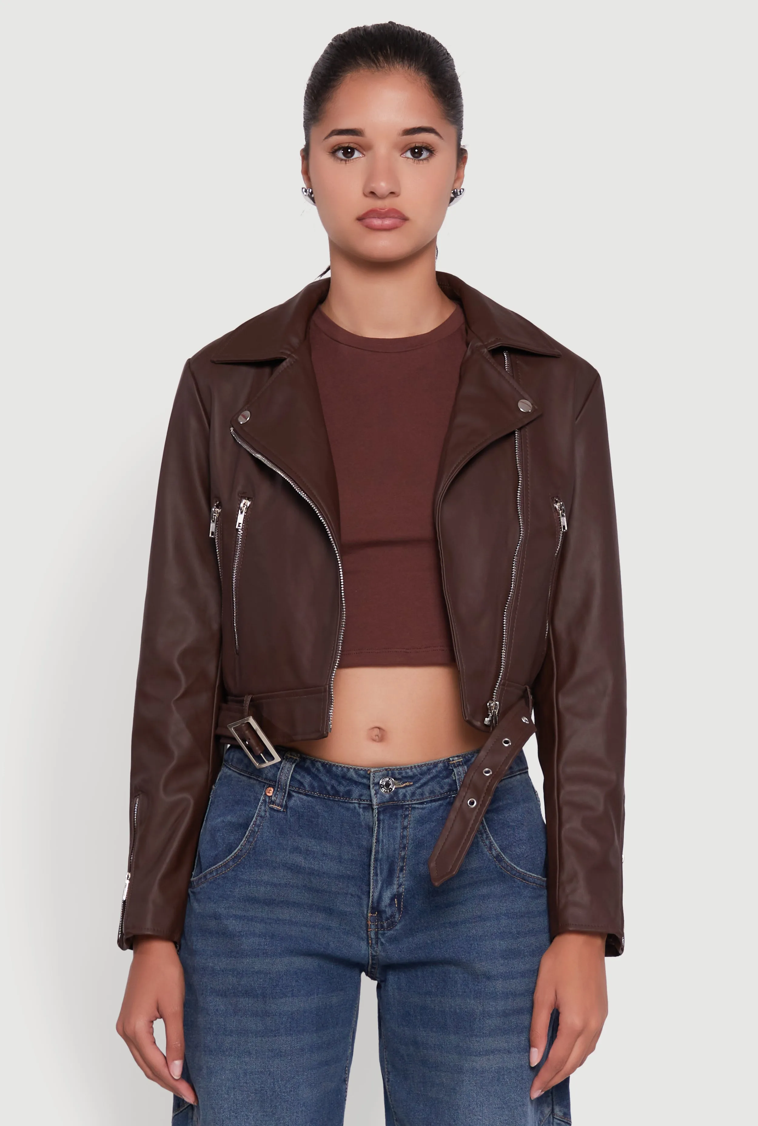 Cropped Faux Leather Belted Front Moto Jacket sold by Rainbow product image thumbnail 2