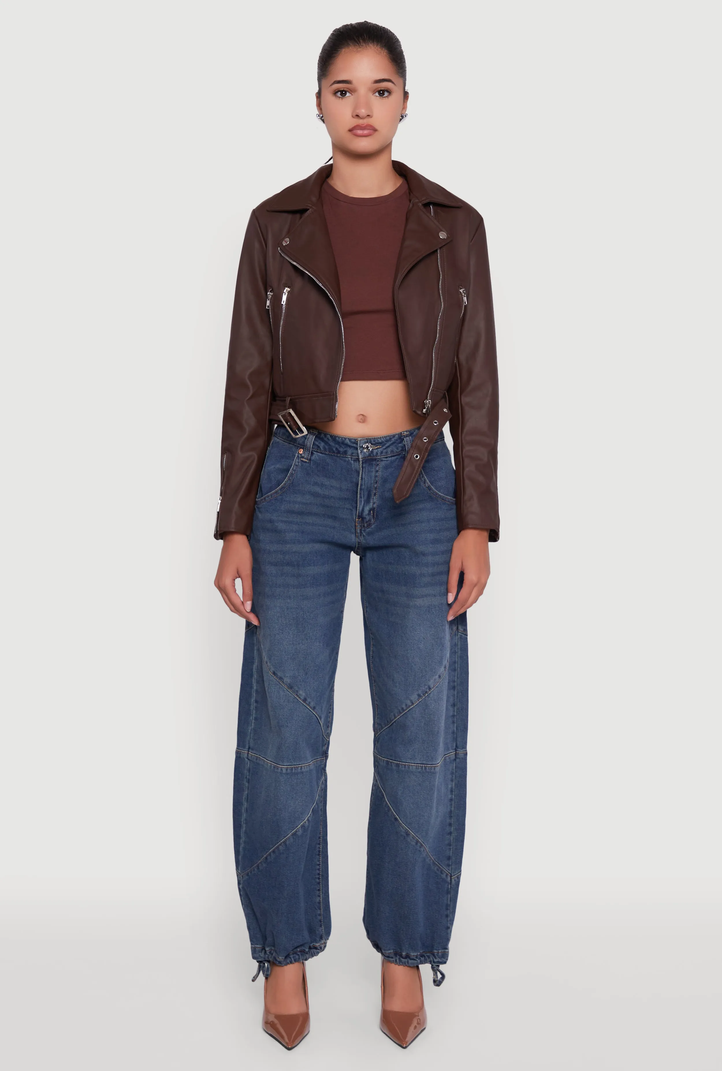 Cropped Faux Leather Belted Front Moto Jacket sold by Rainbow product image thumbnail 3