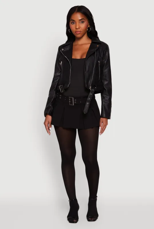 Cropped Faux Leather Belted Front Moto Jacket sold by Rainbow