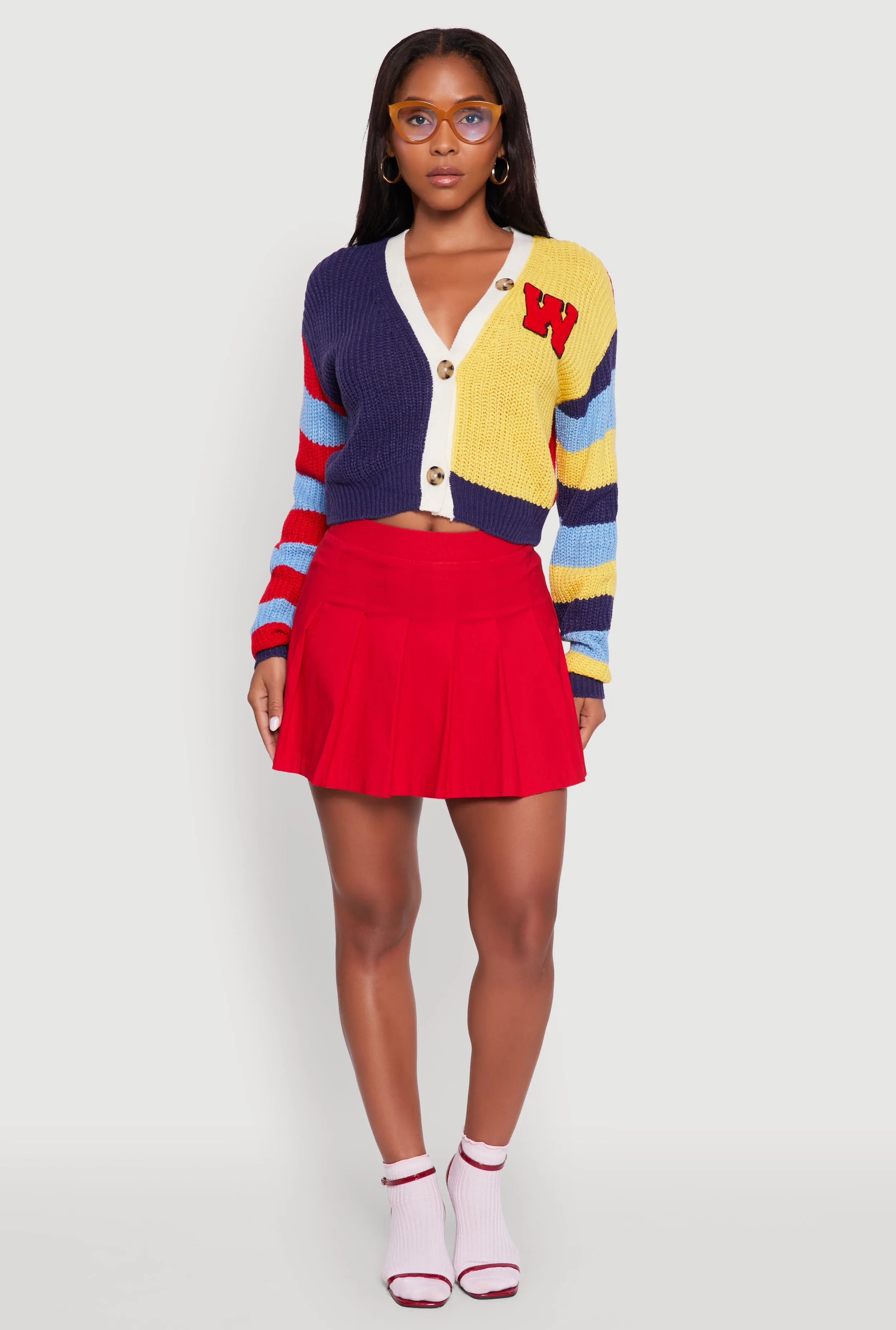 W Chenille Patch Color Block Cropped Cardigan sold by Rainbow