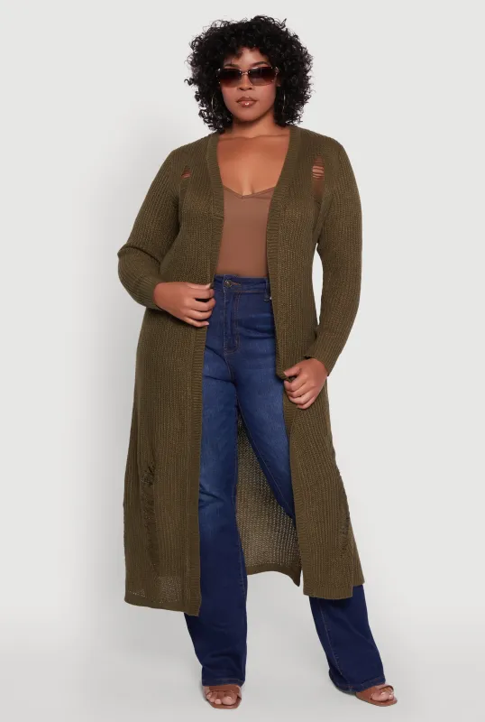 Plus Size Distressed Long Sleeve Open Front Long Cardigan sold by Rainbow