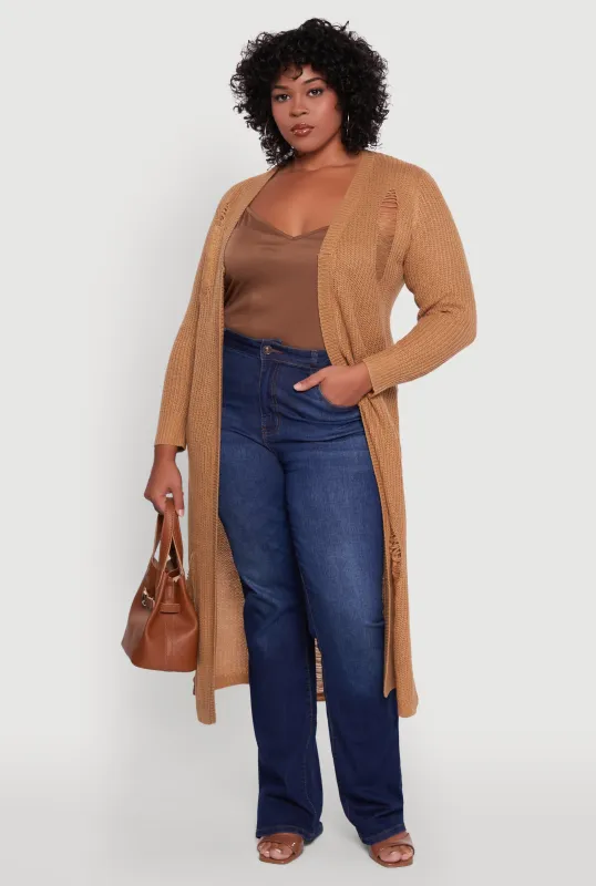 Plus Size Distressed Long Sleeve Open Front Long Cardigan sold by Rainbow