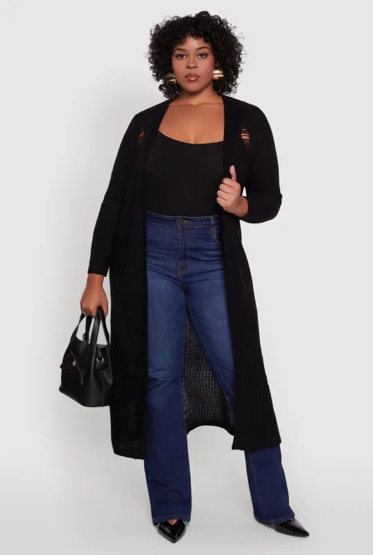 Plus Size Distressed Long Sleeve Open Front Long Cardigan sold by Rainbow