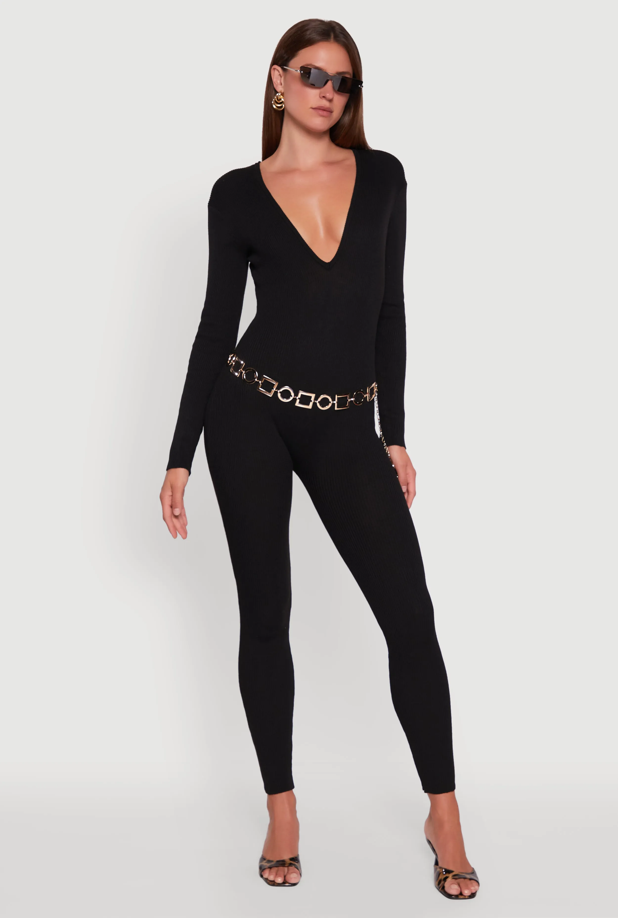 Ribbed Knit Lace-Up Back Long Sleeve Jumpsuit sold by Rainbow