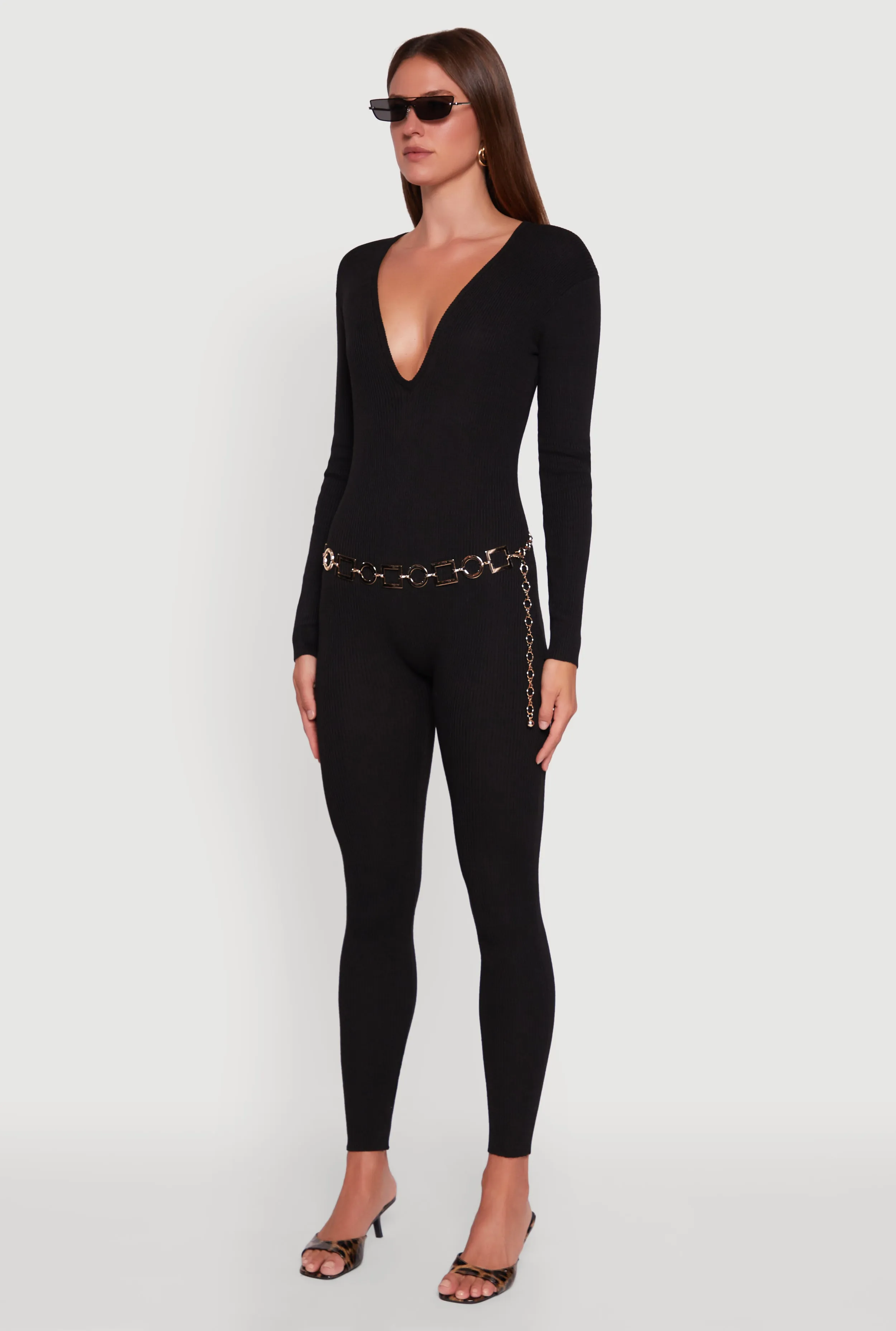 Ribbed Knit Lace-Up Back Long Sleeve Jumpsuit sold by Rainbow product image thumbnail 3
