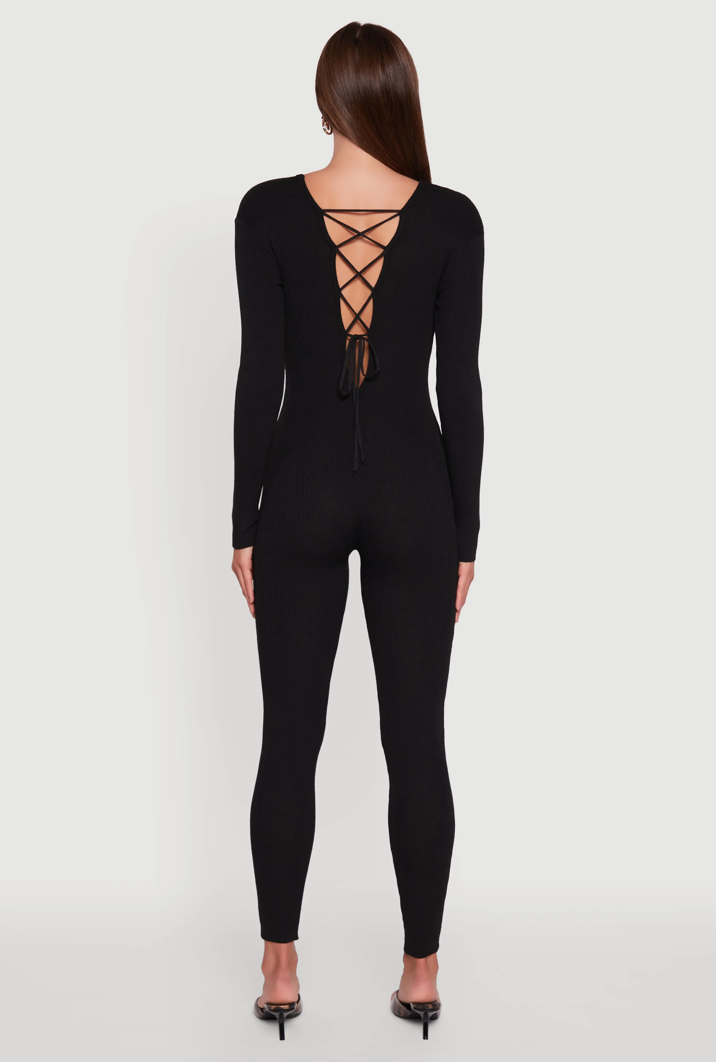 Ribbed Knit Lace-Up Back Long Sleeve Jumpsuit sold by Rainbow product image thumbnail 5