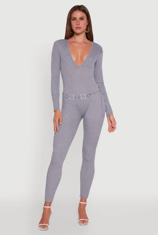 Ribbed Knit Lace-Up Back Long Sleeve Jumpsuit sold by Rainbow