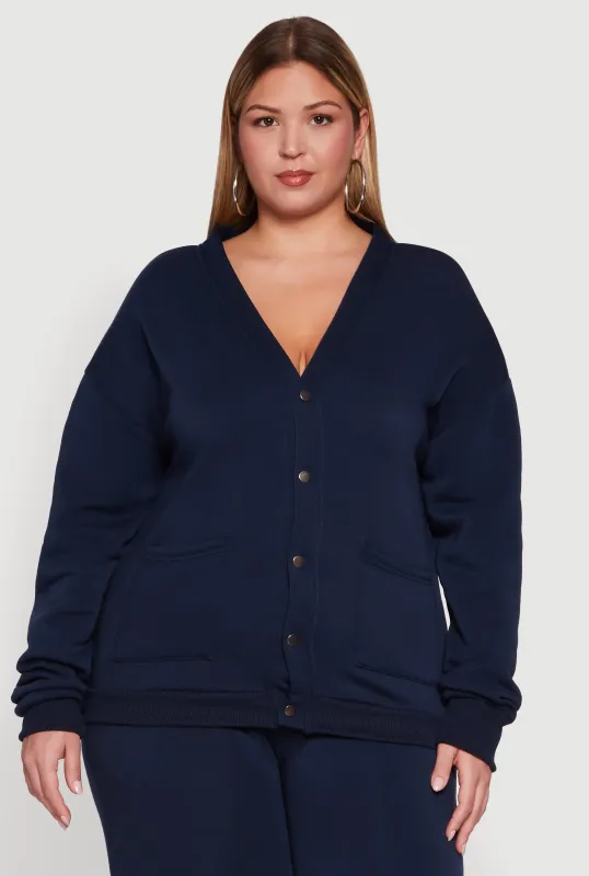 Plus Size Oversized Fleece Lined Snap Button Front Cardigan sold by Rainbow