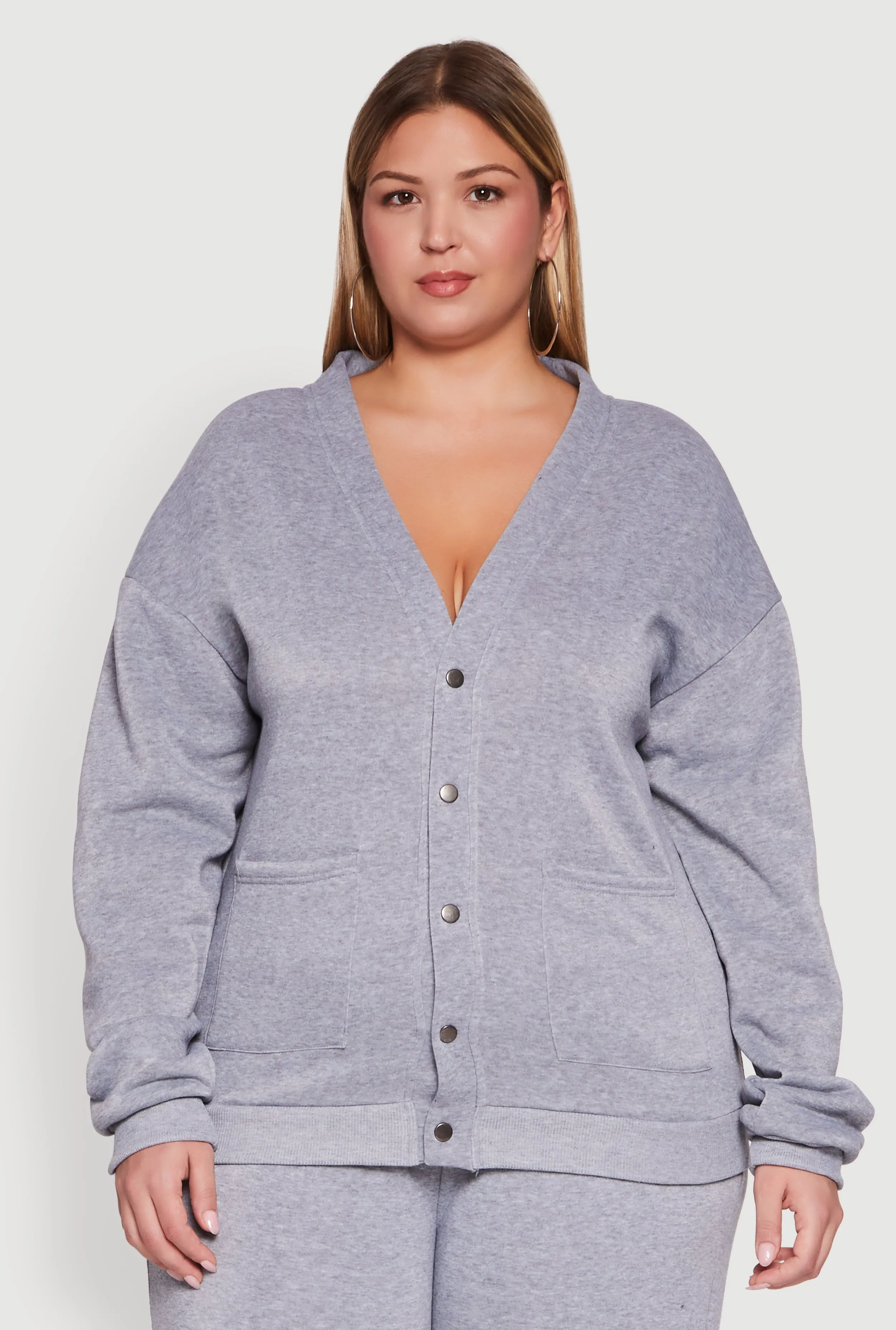 Plus Size Oversized Fleece Lined Snap Button Front Cardigan sold by Rainbow