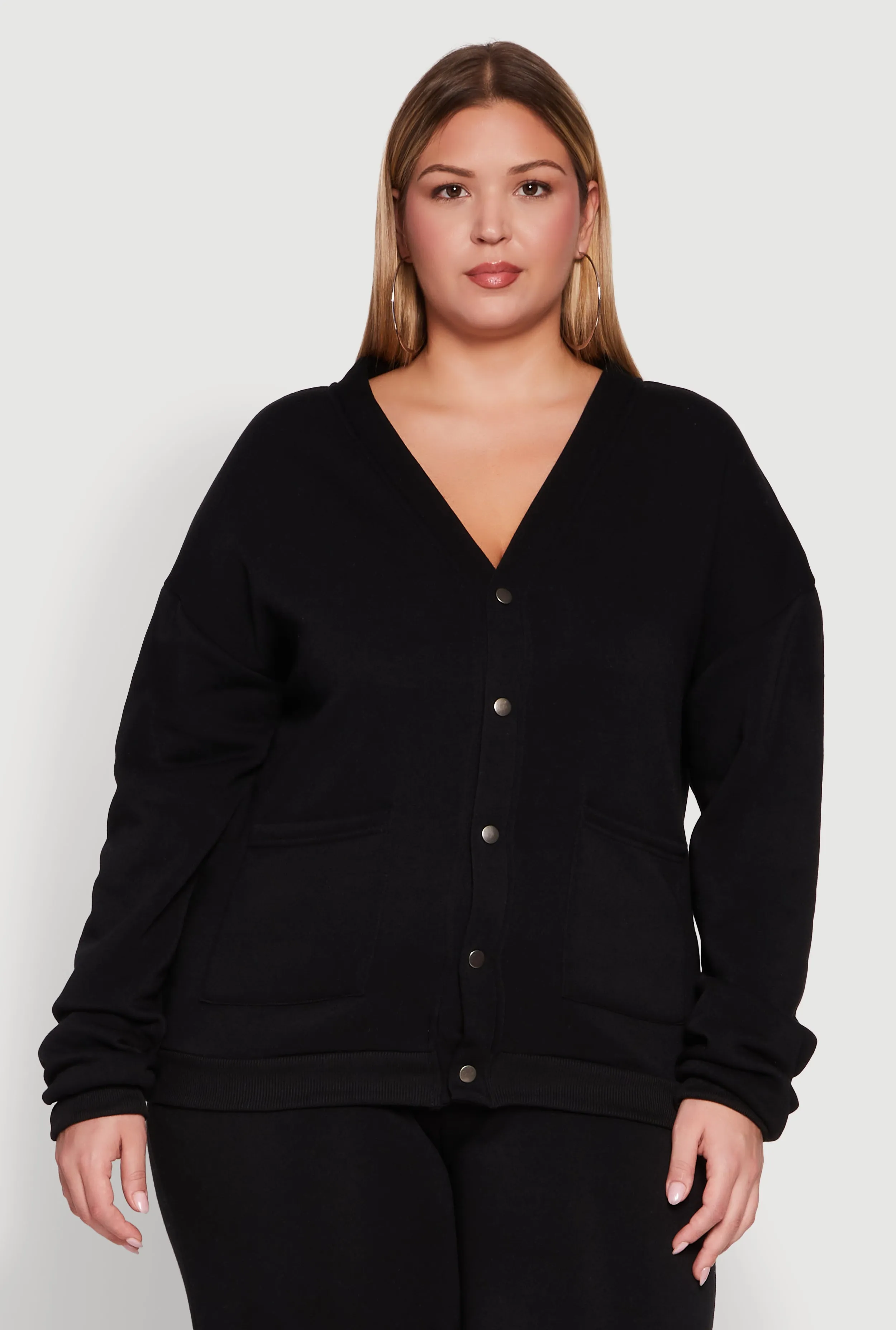Plus Size Oversized Fleece Lined Snap Button Front Cardigan sold by Rainbow