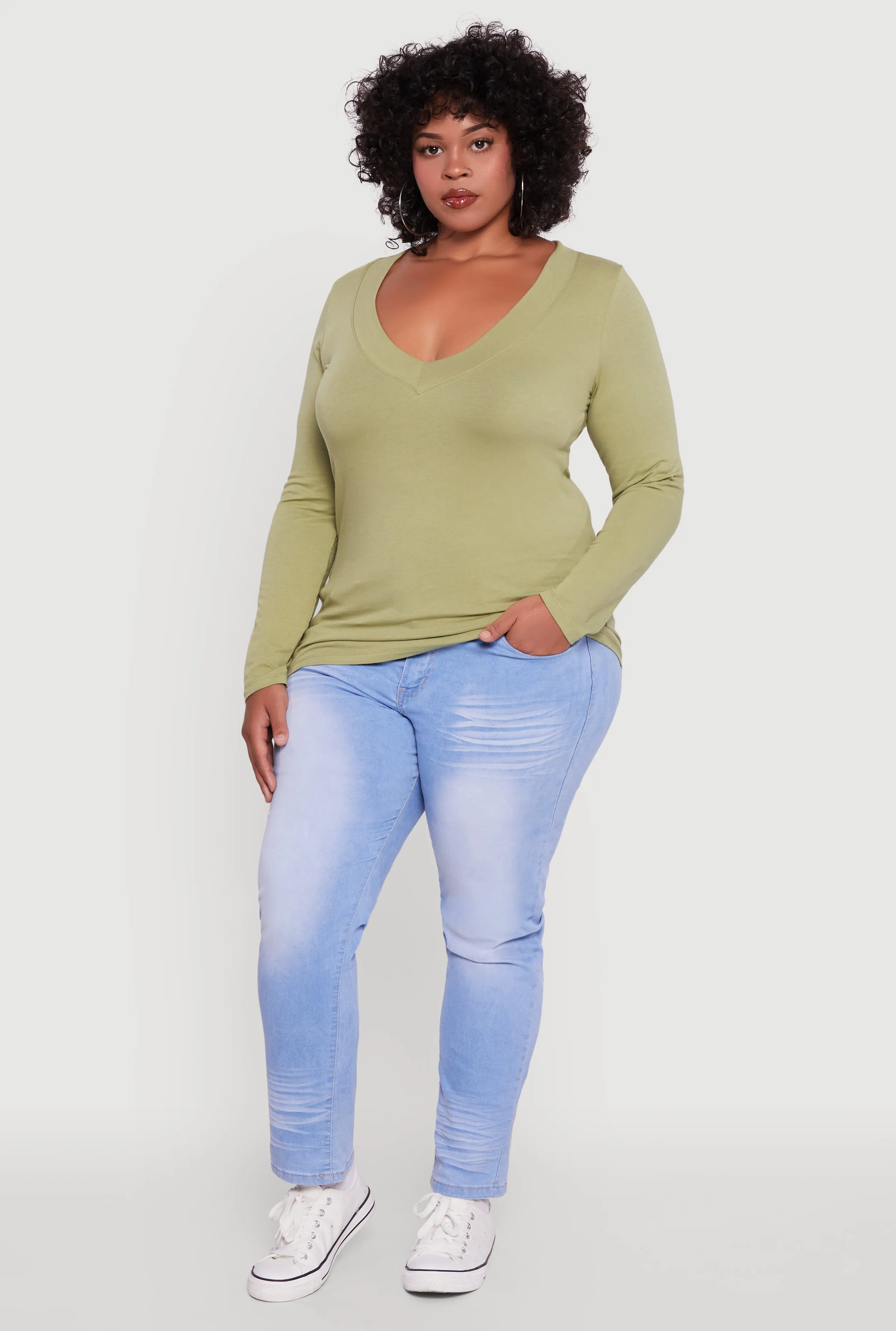 Plus Size Long Sleeve V-Neck Basic Tee sold by Rainbow