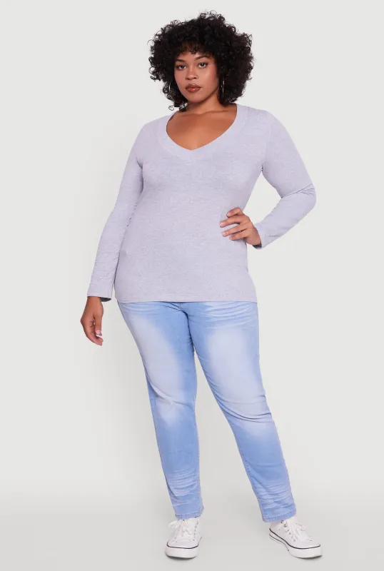 Plus Size Long Sleeve V-Neck Basic Tee sold by Rainbow
