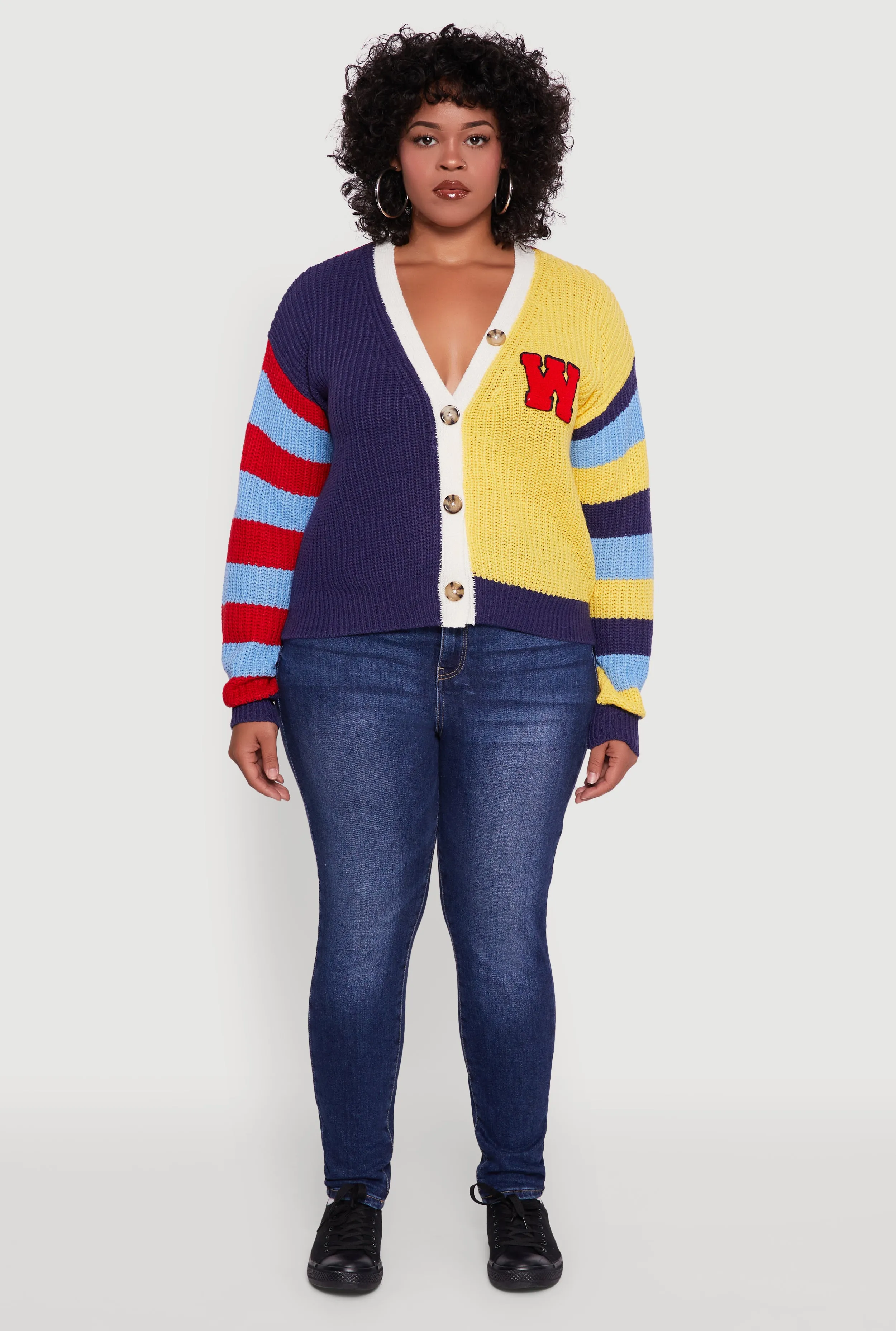 Plus Size Color Blocked Striped W Patch Graphic Cardigan sold by Rainbow product image thumbnail 3
