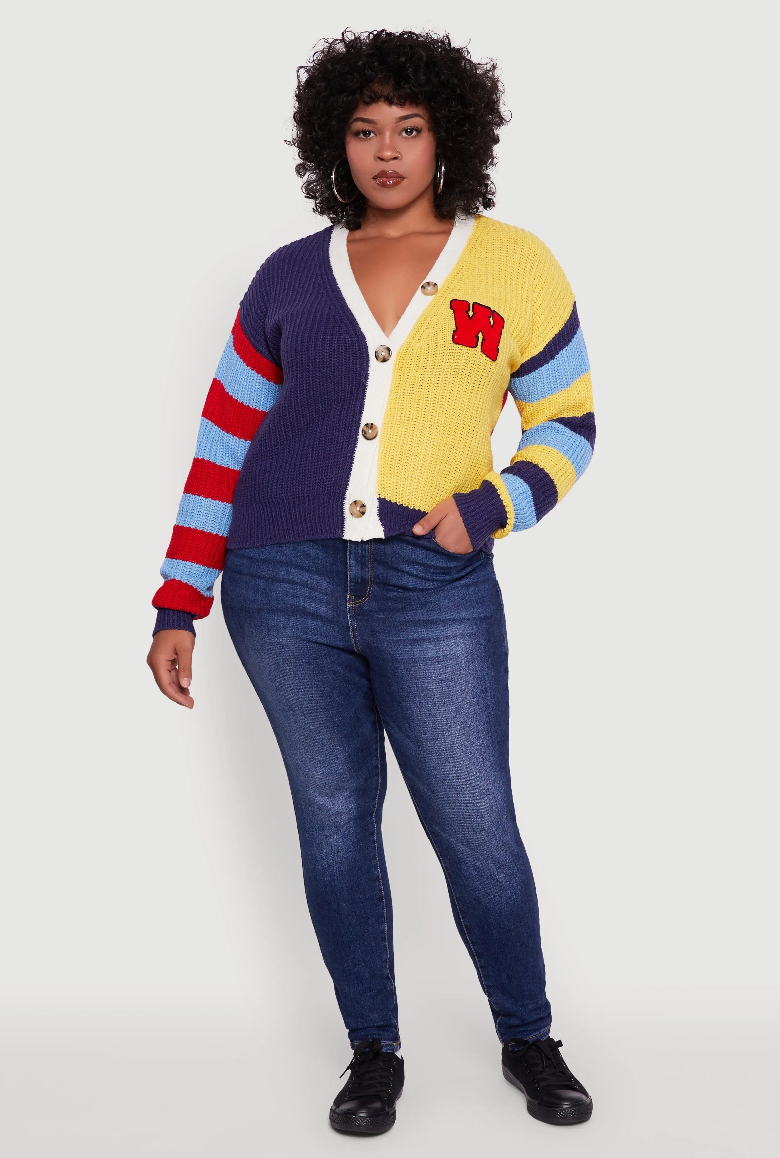 Plus Size Color Blocked Striped W Patch Graphic Cardigan sold by Rainbow