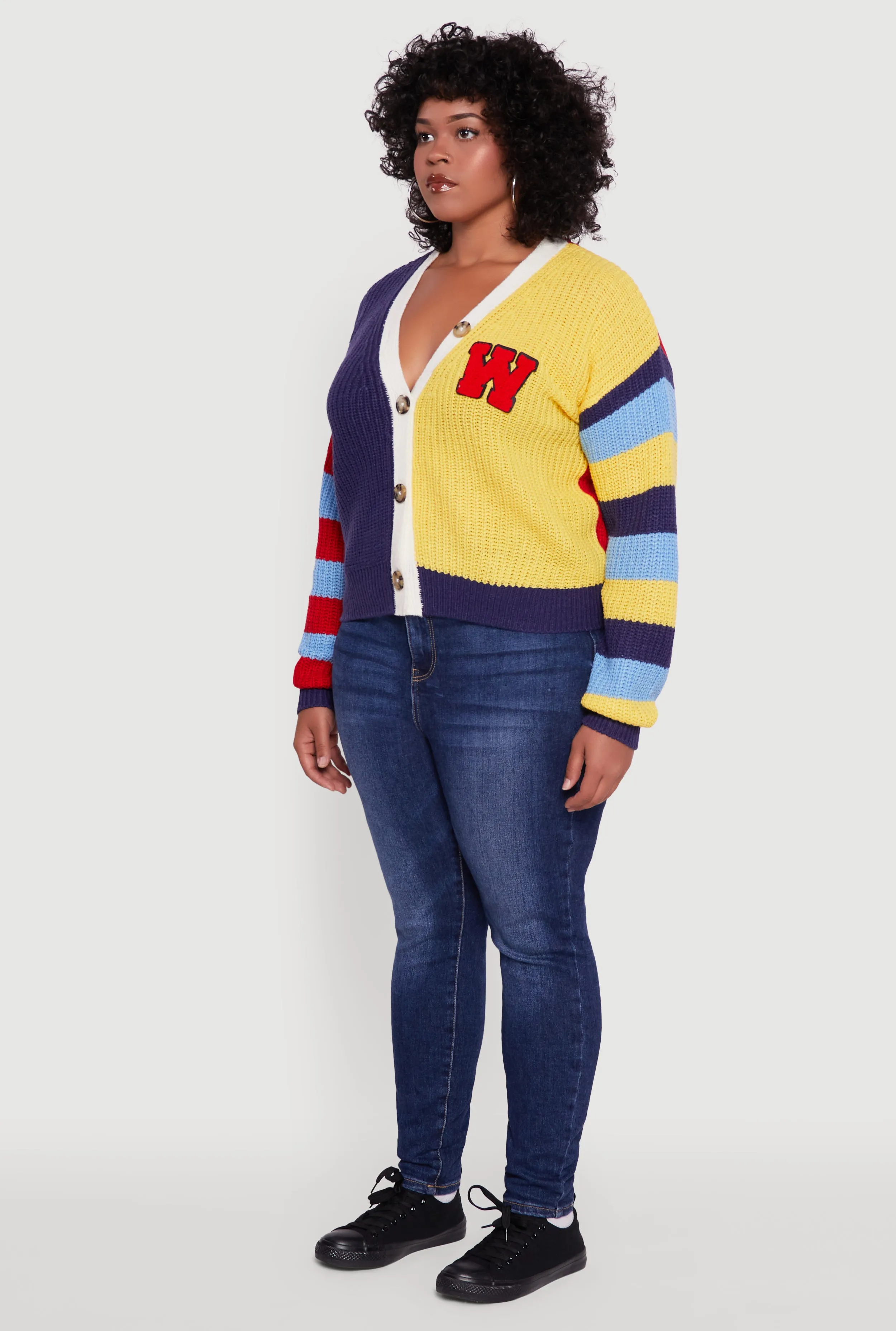 Plus Size Color Blocked Striped W Patch Graphic Cardigan sold by Rainbow product image thumbnail 5