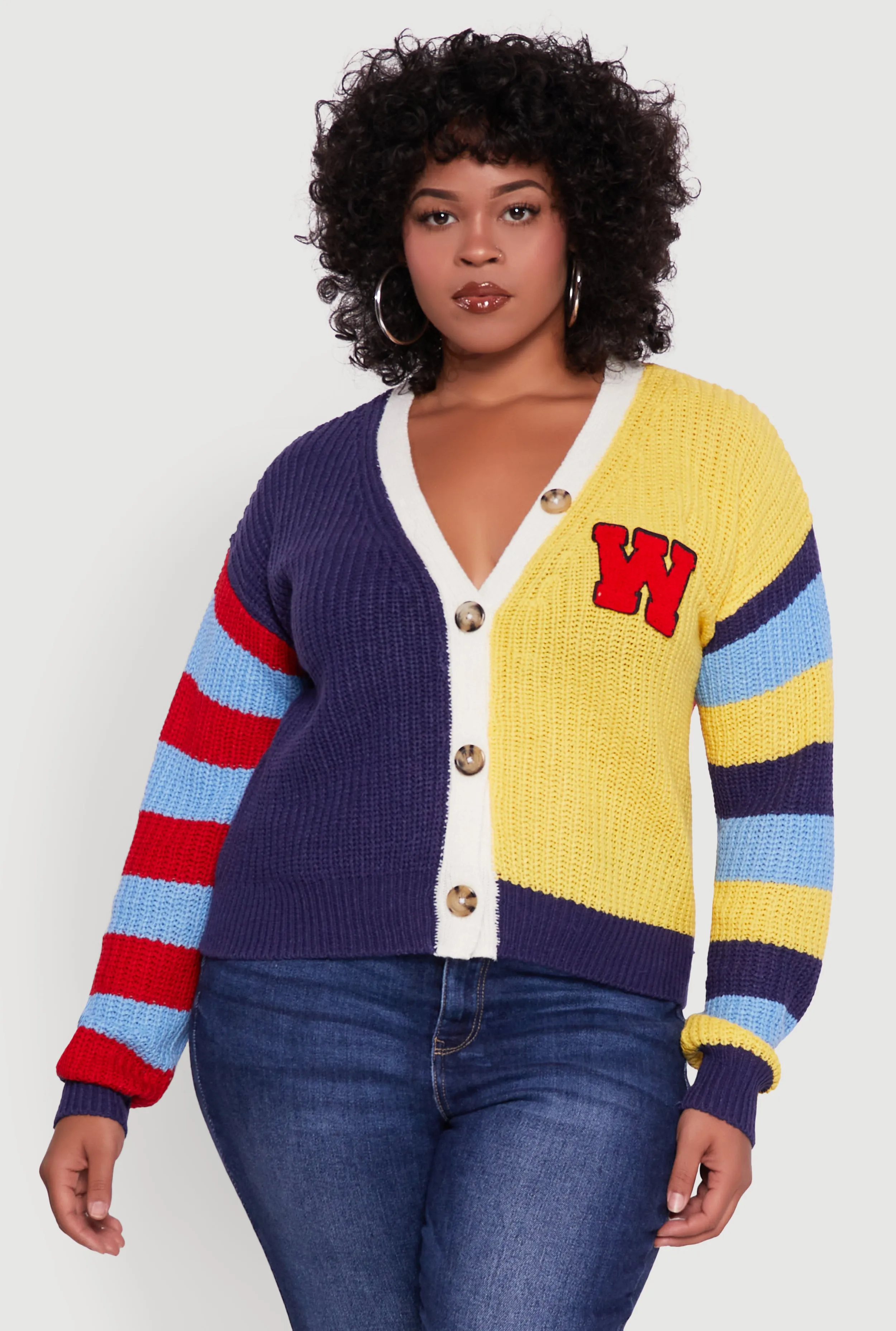 Plus Size Color Blocked Striped W Patch Graphic Cardigan sold by Rainbow product image thumbnail 2