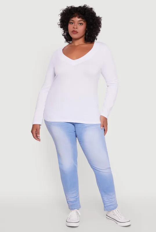 Plus Size Long Sleeve V-Neck Basic Tee sold by Rainbow