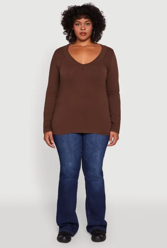 Plus Size Long Sleeve V-Neck Basic Tee sold by Rainbow