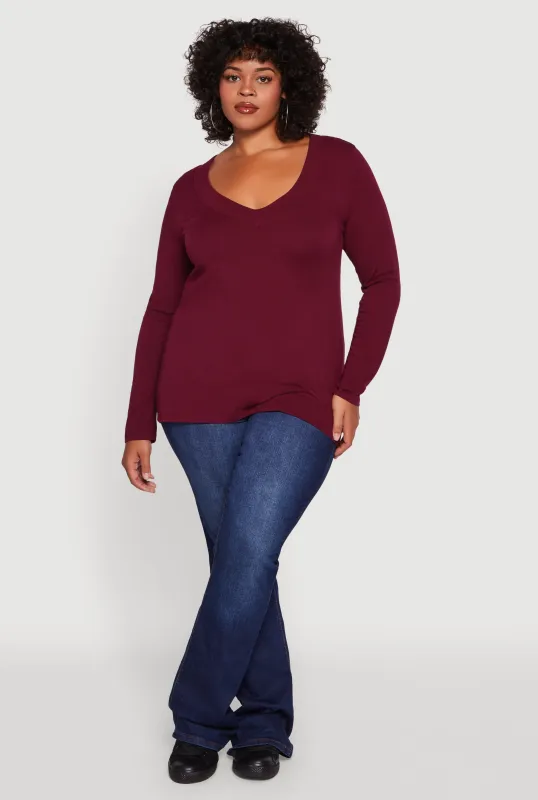 Plus Size Long Sleeve V-Neck Basic Tee sold by Rainbow