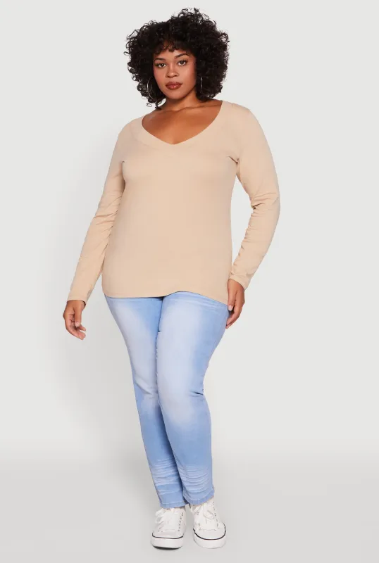 Plus Size Long Sleeve V-Neck Basic Tee sold by Rainbow