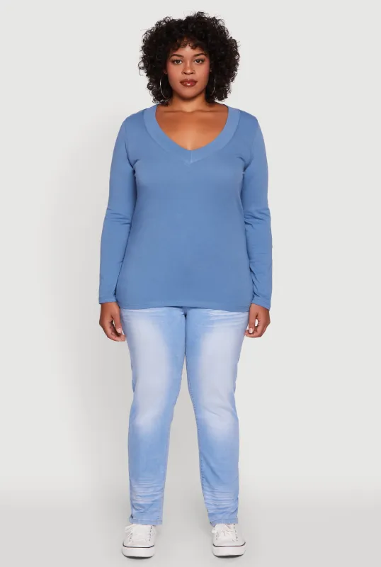 Plus Size Long Sleeve V-Neck Basic Tee sold by Rainbow