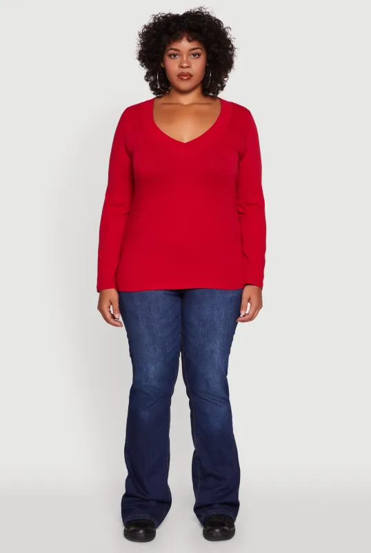 Plus Size Long Sleeve V-Neck Basic Tee sold by Rainbow