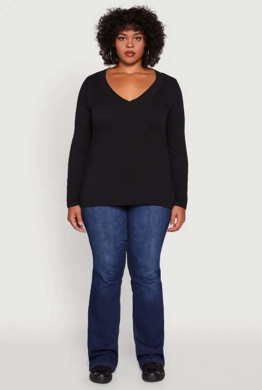 Plus Size Long Sleeve V-Neck Basic Tee sold by Rainbow