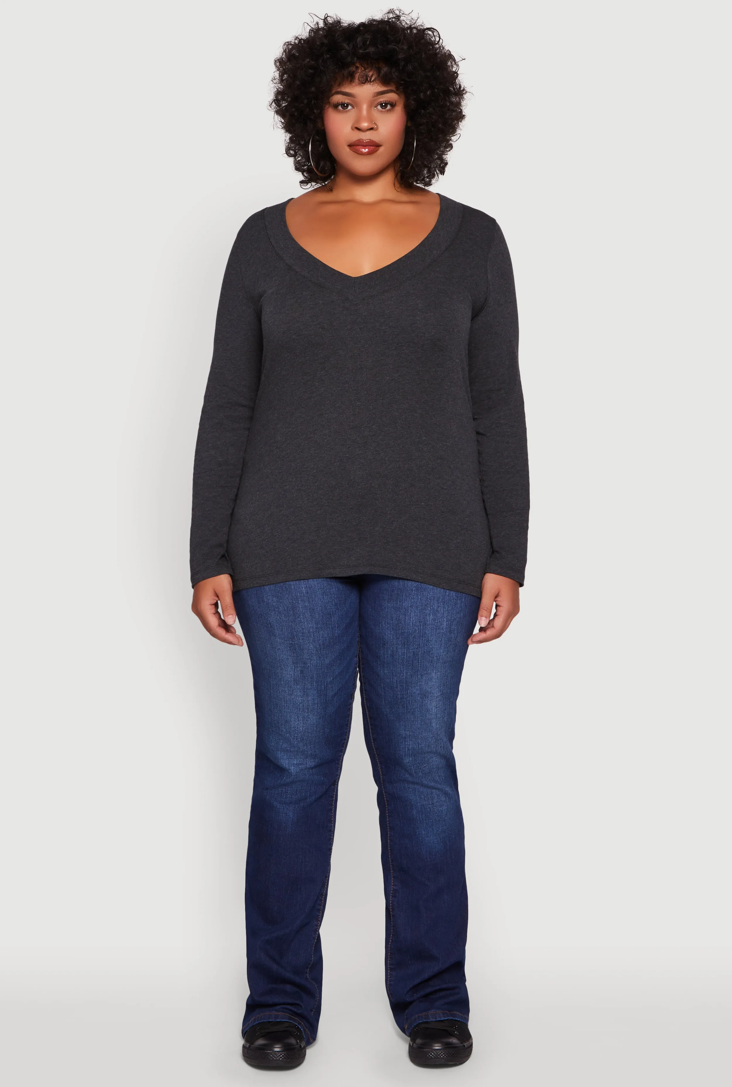 Plus Size Long Sleeve V-Neck Basic Tee sold by Rainbow