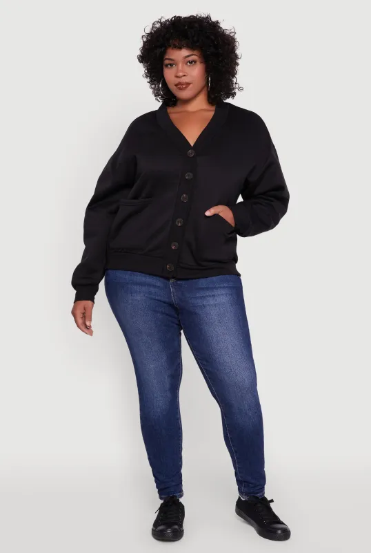 Plus Size Oversized Fleece Lined Button Front Cardigan sold by Rainbow